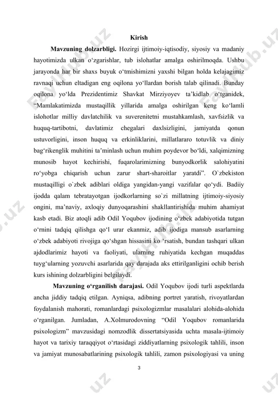 holda o‘z fikr mulohazalarimizni ilgari surdik. kurs ishining maqsadi va vazifalari. kurs ishimizdan maqsad odil yoqubovning atoqli adib sifatida o`zbek adabiyoti rivojiga qo‘shgan hissasini aniqlash, adibning asarlarini tahlil qilish orqali yozuvchi uslubi ва adibning tarix haqiqatini jonli, haqqoniy tasvirlash mahoratini ochib berishdir. yuqorida keltirilgan maqsaddan kelib chiqib, ishda quyidagilar asosiy vazifa qilib belgilandi: – odil yoqubovni atoqli o‘zbek adibi sifatida yangi o`zbek adabiyotining rivojlanishiga qo‘shgan hissasini ko`rsatib berish; – adibning o‘zbek romanchiligi sohasiga qo`shgan hissasini romanlari misolida kuzatish. – yozuvchi ijodida tarixiy mavzuning o‘rni, tarix haqiqatining jonli, haqqoniy gavdalantirilganligi orqali o`tmish saboqlarini yodga tushirganligini ko`rsatish. – odil yoqubov hikoyalarining o‘ziga xos uslubi va obrazlar yaratishdagi badiiy mahoratini yoritish. kurs ishining obyekti.kurs ishining obyekti bo‘lgan zabardast adib odil yoqubov asarlari adabiy hayotimizdagi an’analarni o`ziga xos badiiy tajribalar bilan boyitdi, bundan tashqari yozuvchi ijodiga mansub bo`lgan asarlari o‘zbek adabiyoti rivojiga munosib hissa bo‘lib qo‘shildi. ishda adib asarlarida tarix haqiqatining jonli, haqqoniy gavdalantirish …