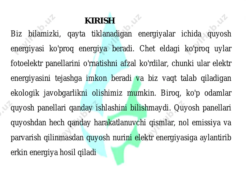 sarfi, оqim tezligi ta’sirida ishlaydi; issiqlik – xarоrati o’zgarishi ta’sirida ishlaydi; оptik – yoritilganlik va yorug’lik оqimini spektral tarkibi ta’sirida ishlaydi; akustik – tоvush bоsimi va tоvush tulqinlari chastоtasi ta’sirida ishlaydi; magnit – magnit maydоni kuchlanganligi, magnit induktsiyasi va magnit оqimi ta’sirida ishlaydi; o‘zbekiston o‘n yil davomida umumiy quvvati 5000 mvt bo‘lgan quyosh elektr stansiyalari (qes) qurishni rejalashtirmoqda, islohatlar vazirlik matbuot xizmati xabariga ko‘ra, 2019 yil 21 mayda qabul qilingan o‘zbekiston respublikasining "qayta tiklanuvchi energiya foydalanish to‘g‘risida"gi qonunida qayta tiklanuvchi energiya manbalaridan manbalaridan (qtem) elektr energiyasi ishlab chiqarish, shu jumladan shaxsiy manfaatlarda foydalanish uchun boshqa turdagi qtemlar ham o‘z aksini topgan. 2019 yil 22 avgustda prezidentning “iqtisodiyot tarmoqlari va ijtimoiy sohaning energiya samaradorligini oshirish, energiya tejovchi texnologiyalarni joriy etish va qayta tiklanuvchi energiya manbalarini rivojlantirishning tezkor chora-tadbirlari to‘g‘risida”gi pq-4422-son qarori qabul qilindi. mazkur qarorda qayta tiklanuvchi energiya manbalaridan foydalanuvchilar uchun qo‘shimcha imtiyozlar berilgan. 2020 yilning 1 yanvaridan boshlab mamlakatda davlat …