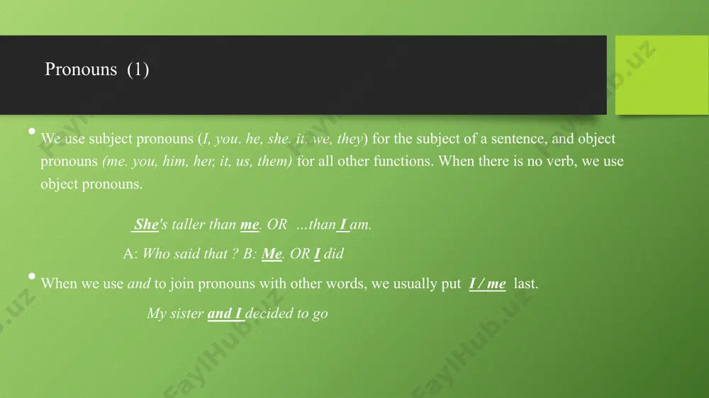 use possessive pronouns (mine, yours, his, hers, ours, theirs) instead of nouns. it was hard to leave our friends. ours (= our farm) was small for america. 8 pronouns (7) we use reflexive pronouns (myself, yourself, himself, herself, itself, oneself, ourselves, yourselves, themselves) when the subject and object refer to the same person. we use reciprocal pronouns (each other and one another) when they refer to different people. we found ourselves in a desperate situation. we all helped one another/ each other. we can use reflexive pronouns as indirect objects to emphasise ‘for the same person’. we got ourselves a house. we use reflexive pronouns after a noun or pronoun to emphasise a particular person or thing. i myself had been out of work for years. we had lunch with the president himself. 9 tip we can use myself at the beginning of a sentence to emphasise that we are …