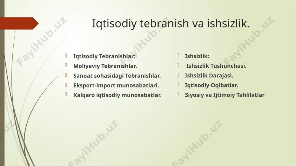 siyosati, soliq siyosati, pul bosimi, mamlakatda o'tkazilayotgan moliyaviy operatsiyalar, moliyaviy institutlarning faoliyatini belgilash moliyaviy tebranishlarni shakllantiradi. 5. **sarmoya omborlaridagi o'zgarishlar:** moliyaviy tebranishlar sarmoya omborlaridagi o'zgarishlar orqali ko'rsatiladi. sarmoya omborlaridagi o'zgarishlar mamlakatning sarmoya sifatini va valyuta miqdorini o'zgartirishi mumkin. 6. **xalqaro moliya munosabatlari:** xalqaro kredit tashkilotlarining faoliyati, mamlakatning xalqaro savdo munosabatlari, xalqaro moliya tashkilotlarining mamlakatdagi roli moliyaviy tebranishlarni shakllantiradi. moliyaviy tebranishlar mamlakat iqtisodiyotida o'zgarishlarga olib kelishi, inflatsiya va deflatsiya muammosini yaratishi, valyuta kurslarining o'zgarishi, soliq siyosati va moliyaviy institutlarning faoliyati bilan bog'liqdir. bu o'zgarishlar mamlakat iqtisodiyotining istikboli va uning tizimi uchun muhimdir. эта фотография, автор: неизвестный автор, лицензия: cc by sanoat sohasidagi tebranishlar, mamlakatning sanoat tizimining rivojlanishi, yangi texnologiyalar va innovatsiyalar, sanoatning mahsulotlari va xizmatlar sifatini oshirish, korxona va sanoat bo'yicha soxalar tashkil etish, ishlab chiqarish quvvatini oshirish, sanoat siyosati va sanoat sohasidagi boshqa o'zgarishlarni o'z ichiga oladi. quyidagi bir necha sanoat sohasidagi tebranishlar: yangi texnologiyalar va innovatsiyalar: sanoat sohasidagi tebranishlarning …