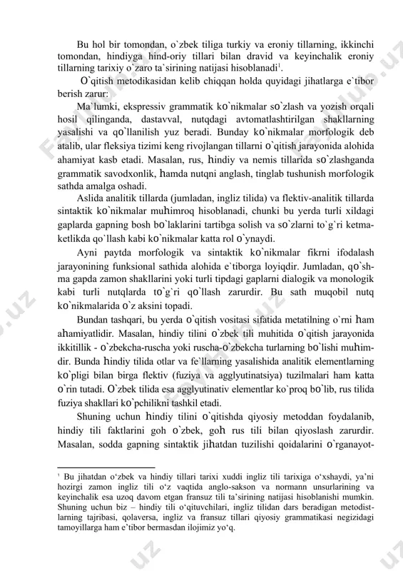 agi gaplarda gapning bosh bo`laklarini tartibga solish va so`zlarni to`g`ri ketma-ketlikda qo`llash kabi ko`nikmalar katta rol o`ynaydi. ayni paytda morfologik va sintaktik ko`nikmalar fikrni ifodalash jarayonining funksional sathida alohida e`tiborga loyiqdir. jumladan, qo`sh​ma gapda zamon shakllarini yoki turli tipdagi gaplarni dialogik va monologik kabi turli nutqlarda to`g`ri qo`llash zarurdir. bu sath muqobil nutq ko`nikmalarida o`z aksini topadi. bundan tashqari, bu yerda o`qitish vositasi sifatida metatilning o`rni ham ahamiyatlidir. masalan, hindiy tilini o`zbek tili muhitida o`qitish jarayonida ikkitillik - o`zbekcha-ruscha yoki ruscha-o`zbekcha turlarning bo`lishi mu​him​dir. bunda hindiy tilida otlar va fe`llarning yasalishida analitik element​larning ko`pligi bilan birga flektiv (fuziya va agglyuti​natsiya) tuzilmalari ham katta o`rin tutadi. o`zbek tilida esa agglyutinativ elementlar ko`proq bo`lib, rus tilida fuziya shakllari ko`pchilikni tashkil etadi. shuning uchun hindiy tilini o`qitishda qiyosiy metoddan foydalanib, hindiy tili faktlarini goh o`zbek, goh rus tili bilan qiyoslash zarurdir. masalan, sodda gapning sintaktik jihatdan tuzilishi qoidalarini o`rganayot​ganda o`zbek tiliga murojaat qilish …