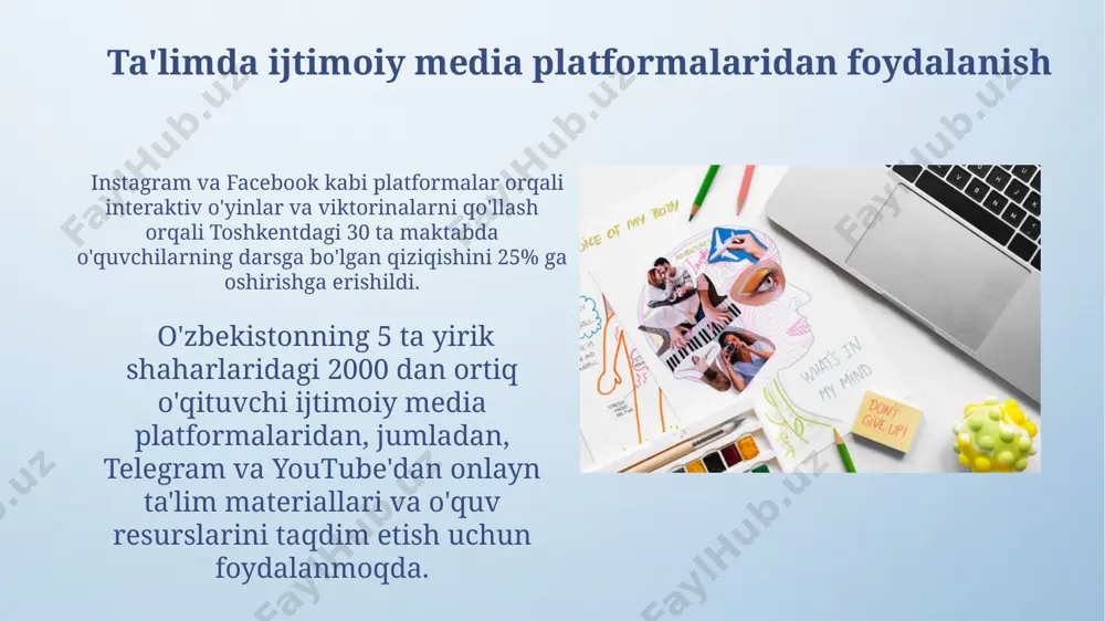 higa ega boʻlgan global miqyosdagi taʼsiri va shuning natijasida mahalliy media madaniyatining oʻziga xos xususiyatlarining yoʻqolishi xavfi mavjud. o'yinlashtirish va gamifikatsiya usullari o'yinlashtirish va gamifikatsiya usullarini qo'llash natijasida, 2023 yilda buxoro viloyatidagi 5 ta maktabda o'quvchilarning faol ishtiroki 40% ga ortgan. o'yinlashtirishda 5 balldan 10 ballgacha bo'lgan ballar tizimi joriy etish orqali, o'quvchilarning motivatsiyasi 20% ga oshganligini ko'rsatuvchi 2022 yilgi toshkentdagi tadqiqot natijalari mavjud. talabalarning ijodkorligini rivojlantirish фарғона водийсидаги 3 та коллежда ўтказилган экспериментда, видео монтаж ва анимация дастурларидан фойдаланган 150 та талабанинг 85% ижодий ёндашувларини намоён этиб, илмий-тадқиқот ишларига янгича ёндашишган. тошкент шаҳридаги 5-сонли мактабда ўтказилган тажрибада, 20 та ўқувчидан иборат гуруҳга инновацион педагогика усулларини қўллаш орқали рақамли воситалардан фойдаланиб, ижодий ёзиш кўникмалари 30% га ошган. innovatsion pedagogika va media vositalari toshkent shahridagi 20 dan ortiq maktabda interaktiv o'quv dasturlari va 7 ta turli media vositalaridan foydalanib, 85% ga o'quvchilarning faol ishtiroki kuzatildi. o'zbekistonning 5 ta oliygohi 2023-yilda media-pedagogika …