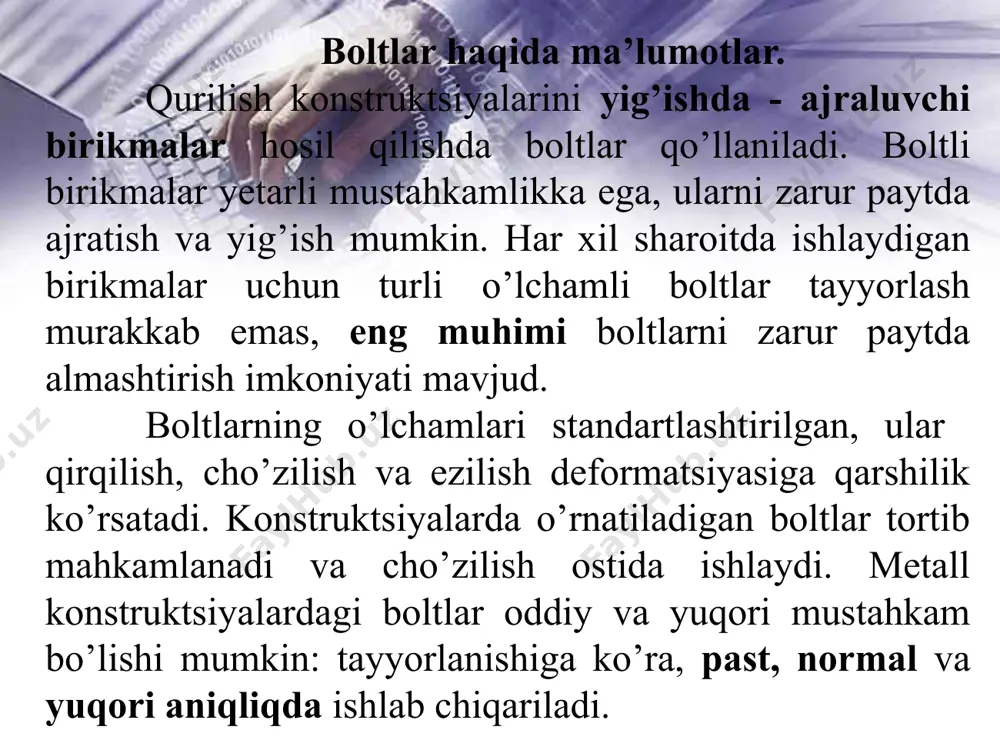 rtlariga ishlov berishga, boltning tortish zo‘riqishiga, yuklanish turiga, teshik va boltning diametriga bog’lik holda h=1,02-1,7 oraliqda qabul qilinadi. rezbaning nominal diametri,d, mm po‘lat navi vaqtinchalik qarshiligi rвип, n/mm2 16-27 40x «selekat» 1100 38xs «selekat», 40xfa «selekat» 1350 30x3mf, 30x2nmfa 1550 30 40x «selekat» 950 30x3mf, 35x2af 1200 36 40x «selekat» 750 30x3mf 1100 42 40x «selekat» 650 30x3mf 1000 48 40x «selekat» 600 30x3mf 900 birikma uchun yuqori mustahkam boltlar soni quyidagi formuladan aniqlanadi: n>n/скqвh bu yerda с –konstruktsiya uchun ish sharoiti koeffitsienti, k-ishqalanish yuzalari soni. boltli birikmalarda zo‘riqishlarning tekis tarqalishini ta’minlash zarur; boltlarni joylashtirish sxemasi rasmda keltirilgan. 8.1-rasm. boltli birikmalarda teshiklar o‘rni a) po‘lat listlarda, b) prokat po‘latlarda. parchin mixli birikmalar haqida tushuncha. qurilish konstruktsiyalarini yig’ishda parchinlash ishlari murakkab va ko’p mehnat sarfini talab etgani sababli, bunday konstruktsiyaviy yechim kam qo’llaniladi. parchinli birikmalarni asosan ish sharoiti og’ir, o’ta og’ir va katta dinamik zo’riqish ostida ishlovchi konstruktsiyalarda ishlatish tavsiya etiladi. …