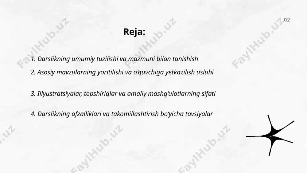 ga oid qisqa kirish, so‘ng asosiy tushunchalar va yakunida mustahkamlash uchun mashqlar joy olgan. bu tuzilma o‘quvchilarga yangi bilimlarni bosqichma-bosqich o‘zlashtirish imkonini beradi. darslikdagi sahifalar ko‘zni toliqtirmaydigan uslubda bezatilgan, har bir sahifa mazmunan boy va did bilan tanlangan. mavzular orasidagi mantiqiy bog‘liqlik o‘quvchilarning darslikni izchil o‘rganishlariga yordam beradi. shuningdek, mavzularda tajriba va amaliy mashg‘ulotlarga alohida e’tibor berilgan, bu esa o‘quvchilarning bilimini amaliyot bilan bog‘lashda muhim ahamiyat kasb etadi. ... t.me/slaydai_bot 2. asosiy mavzularning yoritilishi va o‘quvchiga yetkazilish uslubi darslikdagi asosiy mavzular oddiy, tushunarli va sodda tilda bayon etilgan bo‘lib, 4-sinf o‘quvchisining aqliy darajasiga mos tarzda ishlab chiqilgan. har bir mavzu kundalik hayotdagi misollar bilan boyitilgan, bu esa o‘quvchilarning bilimlarni hayot bilan bog‘lashiga yordam beradi. mavzularni tushuntirishda savol-javoblar, rasmli izohlar, jadvallar va tajribalar keng qo‘llanilgan. shuningdek, har bir yangi tushuncha avvalgi bilimlarga tayangan holda bosqichma-bosqich yoritilgan. o‘quvchining faol ishtirokini ta’minlash uchun darslikda “fikrla”, “kuzat”, “taqqosla” kabi topshiriqlar berilgan. bu yondashuv o‘quvchining …