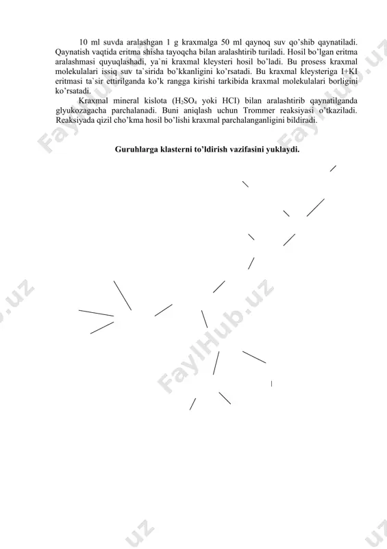 ashma ustiga probirka devori bo’ylab juda extiyotlik bilan 1 ml konsentrlangan h2so4 quyiladi. bu kislota og’ir bo’lganligidan probirka tubida to’planadi, oldingi aralashma esa yuqorida qoladi. probirkadagi eritma qavatlari chegarasida qizil-binafsha rang paydo bo’ladi. bu reaktsiya hamma geksozani aniqlashda qo’llanadi. 2. disaxaridlar - saxaroza yoki lavlagi shakarini aniqlash uchun qand lavlagidan foydalanish ma`qul. buning uchun 10 g maydalangan lavlagiga 50 ml suv qo’shib eziladi. oradan 20 minut o’tgach, bu aralashmaning shirasi siqib olinadi. ikkita quruq toza probirkaga 10 ml dan shira quyib, shu vaqtning o’zida probirkalarning birida trommer reaksiyasi o’tkaziladi. ikkinchisiga 2-3 tomchi konsentrlangan h2so4 tomizib, suv xammomida 30 minut qaynatiladi. kislota qo’shib qaynatilganda saxaroza, ya`ni lavlagi shakari monosaxaridlarga – glyukoza va fruktozaga parchalanganligi molish va trommer reaksiyalari asosida aniqlanadi. bu vaqt o’tgandan so’ng shira 10% li soda eritmasi yaxshisi kristalik soda bilan neytrallanadi. birinchi probirkadagi qizil cho’kma miqdori bilan ikkinchi probirkadagi cho’kma miqdori o’rtasidagi farq aniqlanadi. 3. polisaxaridlar - kraxmalga …