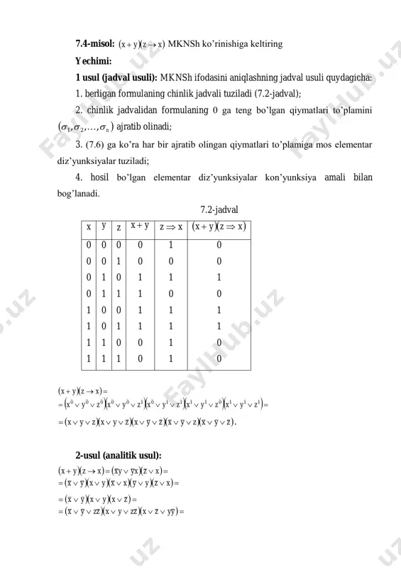 garuvchilar birinchi darajada qatnashadi, ),...,( 1 kii qiymatlar satrida hamma ji lar har xil bo‘ladi, }1,0{2 ea . 7.12-t a ’ r i f . axxx kiii  ... 21 ko‘rinishdagi funksiya chiziqli funksiya deb ataladi, bu yerda }1,0{2 ea . chiziqli funksiyaning ifodasidan ko‘rinib turibdiki, n ta argumentli chiziqli funksiyalar soni 12 n ga teng va bir argumentli funksiyalar doimo chiziqli funksiya bo‘ladi. jegalkin ko‘phadi ko‘rinishidagi har bir funksiyaning argumentlari soxta emas argumentlar bo‘ladi. haqiqatan ham, agar 1x shunday argument bo‘lsa, u holda ixtiyoriy ),...,( 1 nxxf funksiyani quyidagi ko‘rinishda yozish mumkin: ),...,(),...,(),...,( 2211 nnn xxxxxxxf   . bu yerda  funksiya aynan 0ga teng emas, aks holda 1x argument f funksiyaning (ko‘phadning) argumentlari safiga qo‘shilmasdi. 1 1 0 endi nxx ,...,2 argumentlarning shunday qiymatlarini olamizki, 1 bo‘lsin. u holda f funksiyaning qiymati 1x argumentning qiymatiga bog‘liq bo‘ladi. demak, 1x soxta argument emas. mantiq algebrasidagi hamma n argumentli …