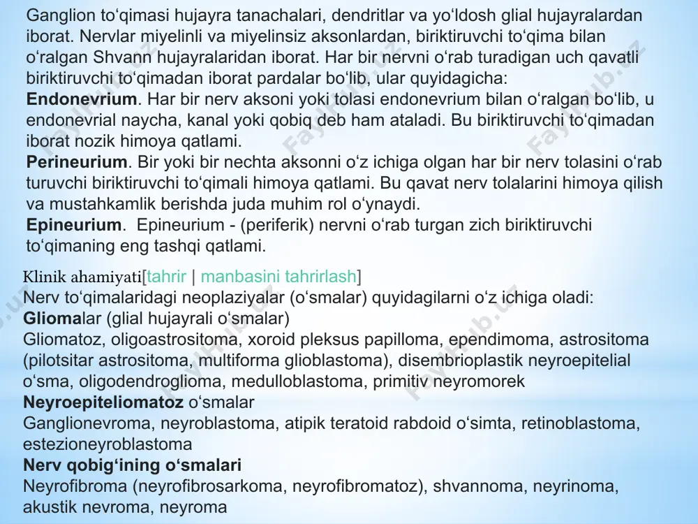 sari mitoxondriya kristalari parchalanadi va lipofutsin miqdori ham ortadi. neyronlardagi melanin-neyromelanin (nm) deb nomlanadi. primatlarga qaraganda odamda koʻproq topilgan bu pigment yosh ortishi bilan hujayrada ortishi aniqlangan. (nm koʻp uchraydigan soha bu substansiya nigra, nm neyronlarni turli “stress”lardan himoyalaydi deb qaraladi[4].) nm li (pigmentli) neyronlarning kamayishi parkinson kasalligining asosiy belgilaridan biri boʻlib xizmat qiladi. odamda melaninning 3turi farqlanadi: 1) eumelanin (eng koʻp uchraydi; terida) 2) feomelanin (qizil sochlarda) 3) neyromelanin (miyada) nerv hujayrasi uchun xos birliklar:[4][tahrir | manbasini tahrirlash] oʻsimtalar (dendrit,akson), xromatofil substansiya yoki tigroid modda (nissl moddasi), neyrofibrillalar. tigroid modda nissl tomonidan 1889-yilda aniqlangan, hujayraning sitoplazmasi (erkin ribosomalar va det joylashgan sohalarda koʻproq) va dendritlarida joylashadi. neyritlarda (aksonda) esa bu modda boʻlmaydi. tigroid modda maxsus vazifalar uchun zarur oqsillarni sintezlaydi. tigroid modda miqdori hujayra funksional holati bilan bogʻliq: hujayra zoʻriqib yoki uzoq ishlaganda (stress) va jarohatlarda (butunligi buzilishi, kislorodning yetishmasligi, zaharlanish) modda eriydi (xromatoliz/tigroliz) va yoʻqoladi. hujayra narmal hayotga …