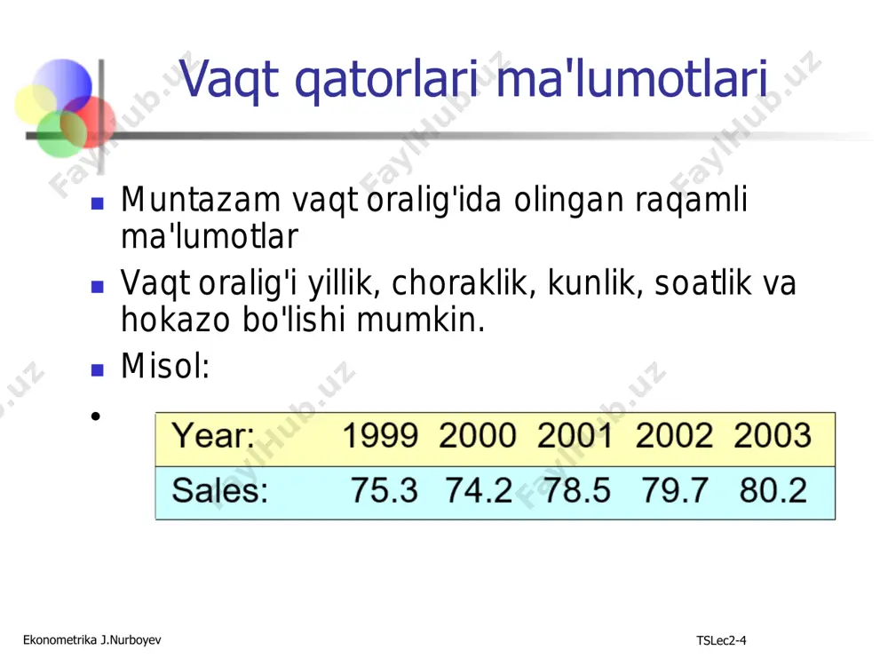 deksi ◼ ishlab chiqaruvchilar narxlari indeksi ◼ qimmatli qog'ozlar bozori indekslari ◼ dow jones sanoat o'rtacha ◼ s&p 500 indeksi ◼ nasdaq indeksi ekonometrika j.nurboyev tslec2-22 vaqt qatorlarini o'chirish ◼ kuzatilgan qiymatlar asosiy yil ekvivalentiga moslashtirilishi mumkin ◼ vaqt o'tishi bilan bir xil taqqoslash imkonini beradi ◼ deflyatsiya formulasi: 𝑦adj𝑡 = 𝑦𝑡 𝐼𝑡 (100) qayerda = t vaqtidagi sozlangan vaqt qatorlarining qiymati yt= vaqt qatorlarining t vaqtidagi qiymati it= t vaqtidagi indeks (masalan, cpi). 𝑦adj𝑡 ekonometrika j.nurboyev tslec2-23 vaqt qatorlarini o'chirish: misol ◼ qaysi film ko'proq pul ishladi • (haqiqiy ma'noda)? yil kino sarlavha jami yalpi $ 1939 yil shamol bilan ketdi 199 1977 yil yulduzlar jangi 461 1997 yil titanik 601 (jami yalpi $ = jami ichki yalpi chipta tushumlari million dollarda) ekonometrika j.nurboyev tslec2-24 vaqt qatorlarini o'chirish: misol ◼ gwtw "yulduzli urushlar"dan ikki baravar ko'p va ekvivalent dollarlarda o'lchanganda "titanik"dan 4 baravar ko'p foyda keltirdi. gwtwadj−1984 = 199 …