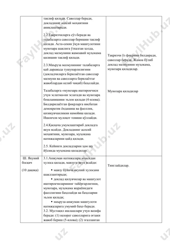 ий ҳоли . омиллар маҳсулдорлигининг камайиш қонунининг моҳияти . фирманинг умумий харажатлари чекланганда максимал маҳсулот ишлаб чиқариш хажмининг аниқланиши . ) 2-илова (10.1.) мунозара иштирокчиларини баҳолаш мезонлари баҳолаш мезонлари (баллда) доклад қилувчилар 1.доклад мазмуни (1,0): - долзарблиги; - баён қилинишининг тушунарлилиги, изчиллиги ва мантиқий боғлиқлиги; - хулосанинг аниқ шакллантирилиши. 2.фойдаланилаётгар маълумотнинг янгилиги (0,5) 3.тақдимотда қўлланилган воситалар (0,4) 4. регламентга риоя қилиш (0,1) жами: тақризчилар 1.докладни янгилик била тўлдирганлигига (0,5) 2. докладнинг кучли ва бўш томонларини аниқ кўрсатганига (1,5) жами: мунозара иштирокчилари 1.саволлар: - ҳажми (0,1 ҳар бир савол учун); - мазмуни ва моҳияти бўйича (0,3) 2. қўшимча киритганига (1,0) жами: 3-илова (10.1) ( анжуман иштирокчилари учун белгиланган регламент : докладчи – 5 да қ и қ а такризчи – 3 да қ и қ а докладчилар томонидан саволларга жавоб бериш – 3 да қ и қ а такризчилар томонидан саволларга жавоб бериш - 3 да қ и қ а му …