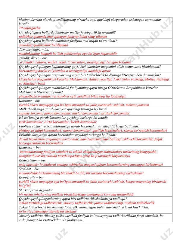 shart-sharoitlarga tez ko`nikma hosil qilish, tezlik bilan moddiy yutuqqa erishish imkoniyati quyida qayd qilingan javoblarning qaysi biri kichik biznes va xususiy tadbirkorlikning kamchiliklariga taalluqli? mehnat resurslarining kamroq jalb qilinishi o`zbekiston respublikasi qonunlariga ko`ra sanoat va qurilishda kichik korxonalar turkumiga odatda hisobot davrida ulardagi xodimlarning o`rtacha soni quyidagi chegaradan oshmagan korxonalar kiradi: 50 nafargacha o`zbekiston respublikasi qonunlariga ko`ra noishlab chiqarish sohasida kichik korxonalar turkumiga odatda hisobot davrida ulardagi hodimlarning o`rtacha soni quyidagi chegaradan oshmagan korxonalar kiradi: 10 nafargacha o`zbekiston respublikasi qonunlariga ko`ra chakana savdoda kichik korxonalar turkumiga odatda hisobot davrida ulardagi xodimlarning o`rtacha soni quyidagi chegaradan oshmagan korxonalar kiradi: 10 nafargacha quyidagi qaysi hollarda tadbirkor mulkiy javobgarlikka tortiladi? tadbirkor qonunda man qilingan faoliyat bilan shug’ullansa quyidagi qaysi hollarda tadbirkor faoliyati sud orqali to`xtatiladi? amaldagi qonunchilik buzilganda jismoniy shaxs – bu: mamlakatning huquqli bo`lish qobiliyatiga ega bo`lgan fuqarosidir yuridik shaxs – bu: o`z mulki, balansi, muhri, nomi, ta`sischilari, ustaviga ega bo`lgan korxona …