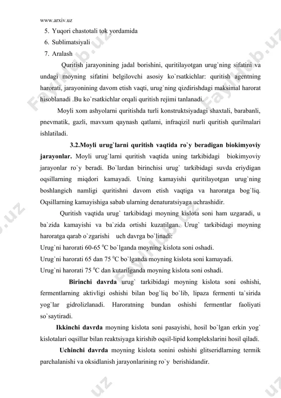 ing kislota soni pasayishi, hosil bo`lgan erkin yog` kislotalari oqsillar bilan reaktsiyaga kirishib oqsil-lipid komplekslarini hosil qiladi. uchinchi davrda moyning kislota sonini oshishi glitseridlarning termik parchalanishi va oksidlanish jarayonlarining ro`y berishidandir. 4. moyli urug`larni namligi bo`yicha konditsiyalash 4.1.moyli urug`larni namligi bo`yicha kondintsiyalashdan maqsad moyli urug`lar namligini optimal xolatda keltirish konditsiyalash deyiladi. moyli urug` va uning tashkil etgan komponentlarning ba`zi bir fizik xususiyatlari texnologik jarayonlarning borishiga muxim ta`sir etadi. mana shunday ko`rsatkich moyli urug`larning namligi hisoblanadi. qayta ishlash vaqtidagi urug`ning optimal namligi bu urug`ni boshlangich kompleks operatsiyalarni bajarishdagi optimal namligi hisoblanadi. bu optimal namlik turli urug`lar uchun turlicha bo`lib, uning texnologik jarayonni amalga oshirishdagi ahamiyati ham turlichadir. urug`larni tozalagandan keyin bajaradigan jarayon bu, qobig`idan ajratiladigan urug`lar uchun urug`ni chaqish va qobig`idan mag`zini ajratishdir. bunda urug`ni ishlab chiqarishda yuborishdan oldin optimal namlik hosil qilinadi. qobig`isiz (soya) moyli urug`larni, maydalashdan oldin tozalangandan keyin bajariladigan birinchi operatsiya ham urug`ni optimal namlikgacha namlash va maydalanish …