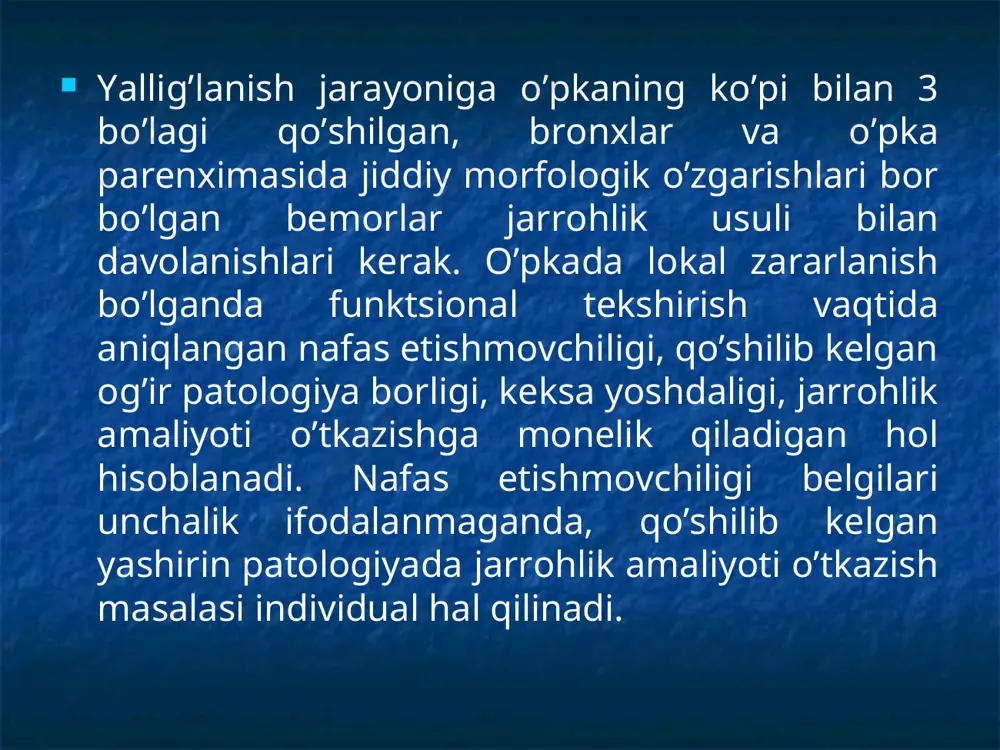 ografiya bronxoektazlarni aniqlashda «oltin standart» bo'lib qolmoqda. operatsiya qilish lozimligini aniqlashtirib beruvchi usul. bronxoektazlar turi, tarqalganligini, joylashuvini aniqlaydi. bronxografiyani bemor axvoli stabil, remissiya davrida va tozalangan bronxlar vaqtida bajariladi. bronxografiya o'ng o'pka pastki bo'lagi bronxoektazlari. bronxogramma. ikki tomonlama bronxoektazlar. bronxogramma. bronxografiya bronxoskopiya bronxitni darajasini aniqlashga yordam beradi. kengaygan bronxlarni ayrim xollarda ko'rishga imkon beradi (sul belgisi): oqimtir xavo pufakchalari yiring bilan to'lgan bronx atroflarida (kupincha bazal segmentlarda). bronxlardagi maxsulotni tsitologik, bakteriologik, mikologik tekshiruvga olishga yordam beradi. endofoto. sul belgisi. kompyuter tomografiya bronxografida aniqlanmagan bronxoektazlarni aniqlashga yordam beradigan usul. bronxoektatik jarayon ko'pincha pastki bo'laklarda. bilateral qopsimon bronxoektazlar. rentgenovskaya kompyuternaya tomografiya tashqi nafas faoliyatini aniqlash o'pkaninig xayotiy xajmini kamayib ketishi obstruktiv bronxit va o'pka emfizemasi rivojlanganligi to'g'risida ma'lumotdir. kechishi va asoratlar baxor va kuzda avj olish davrlari remissiya davri bilan almashib kechadi. asortalar: o'pkadan qon ketish; o'pka abstsessi va plevra empiemasi; amiloidoz xisobiga buyraklar va jigar zararlanishi. yurak va nafas etishmovchilik. bular …