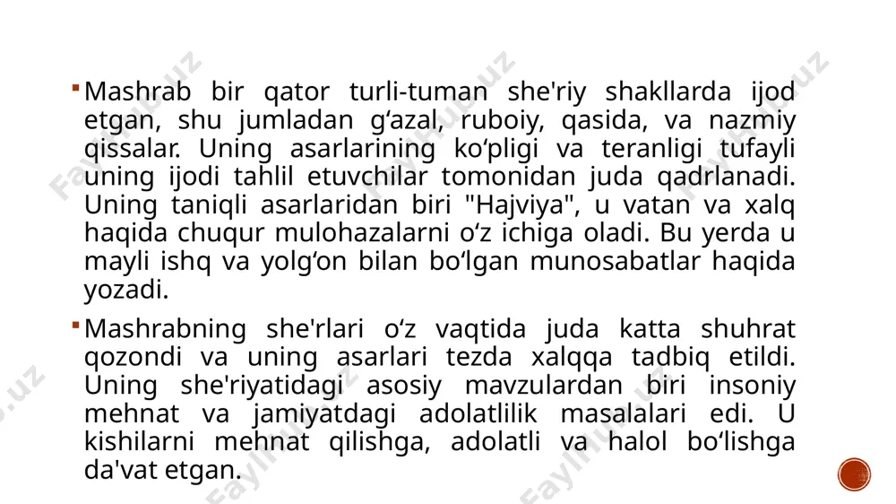 alda mashrab o‘zining yuksak muhabbat tuyg‘ulari va paydo bo‘lgan iztiroblarini yoritib, inson qalbining oliy tuyg‘ulari haqida so‘z yuritadi. bu g‘azal oliy ma'naviy muhabbatni taqozo etadi va insonni ilohiy martabalarga ko‘tarishini tasvirlaydi. 2. **shoirning 12 ta masnaviylarida muhabbat mavzusi ko‘tarilgan**. har bir masnaviy alohida bir mavzuni qamrab oladi. bu she'rlarda faqat insonlar o‘rtasidagi muhabbat emas, balki inson va xudo o‘rtasidagi muhabbat ham aks etgan. masnaviylardan biri – muhabbat tabiatini inson tafakkuri va his-tuyg‘ulari bilan chuqur bog‘langanligini ko‘rsatishga urinishdir. , 3. **shoirning 7 risolasi ilohiy muhabbatga bag‘ishlangan**. bu risolalarda u qalb va ruhni poklash, ilohiy muhabbatka o‘zini bag‘ishlash orqali inson o‘zining oliy maqsadiga erishishi mumkinligini bildirgan. ilohiy muhabbatni u qaror va abadiylik holati sifatida tasvirlaydi. 4. **mashrab shogirdlari orasida 15 nafardan ortiq shoirlar muhabbat g‘oyalariga bag‘ishlangan asarlar yozganlar**. ularning asarlari ham asosan mashrab ta'sirida yozilgan bo‘lib, insonlarga muhabbatning ruhiy va ma'naviy jihatlarini ko‘rsatishni maqsad qilgan. 0 5. **mashrabning baytlarida soni 1000 dan …