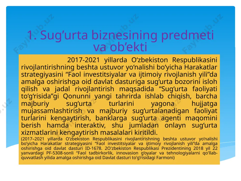 chiqishi va hokazolar) oqibatida yuz beradigan ishlab chiqarishdagi uzilishlar natijasida ko‘riladigan zararlar, bankrotlik holatlari, tayyor mahsulotning sotilmay qolishi yoki sotilgan mahsulot uchun to‘lovning amalga oshmay qolishi va boshqalar sug‘urta hodisasi sifatida qabul qilinishi mumkin. 1. sug’urta biznesining predmeti va ob’ekti hozirgi zamon sharoitida tijorat risklari sug‘urtasiga bo‘lgan ehtiyoj keskin oshib bormoqda, chunki ushbu sohada faoliyat ko‘rsatayotgan sub’ektlar soni oshib ketdi va o‘z o‘rnida mazkur sohaga yo‘naltirilayotgan investitsiyalar hajmi ham ortib bormoqda. ammo sug‘urtaning bu turi eng murakkab bo‘lib, sug‘urta kompaniyasining javobgarligi ko‘rsatib o‘tilgan risklardan hosil bo‘lgan zararlarni qoplashda hosil bo‘ladi. o‘zbekistonda tadbirkorlik tavakkalchiliklari sug‘urtasi mustaqillik yillarida paydo bo‘lib boshladi. bu sug‘urta turi bo‘yicha sug‘urta klassifikatorida ham klasslar nazarda tutilgan. 2. sug`urtа biznеsini sug`urtа fаоliyati bo`yichа turkumlаsh. sug‘urta biznesining huquqiy asoslari 1. fuqarolik kodeksi; 2. sug‘urta faoliyati to‘g‘risidagi respublika qonuni; 3. tadbirkorlik faoliyati erkinlikgining kafolatlari to‘g‘risidagi qonuni; 4. davlat sug‘urta tashkilotlari xaqidagi nizomlar; 5. xususiy sug‘urta tashkilotlarining nizomlari; 6. sug‘urta nazorati …