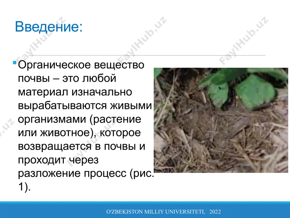1986b). совсем недавно методы разработали фракционирование c на основе лабильности (легкости окисления), признавая что эти субпулы углерода могут оказывать большее влияние на физическую стабильность почвы и быть более чувствительные индикаторы, чем общие значения c динамики углерода в сельскохозяйственных системах (лефрой, блер и стронг, 1993; блэр, лефрой и лайл, 1995; блэр и крокер, 2000). было показано, что лабильная фракция углерода является индикатором ключевого химического состава почвы и физические свойства. например, было показано, что эта фракция является основным фактором контроль разрушения заполнителя в ферросолях (нерастрескивающихся красных глинах), измеренный процент агрегатов размером менее 0,125 мм в поверхностной корке после имитация дождя в лаборатории (bell et al., 1998, 1999). введение: o'zbekiston milliy universiteti, 2022 устойчивая или стабильная фракция органического вещества почвы вносит основной вклад в питательные вещества. удерживающая способность (емкость катионного обмена [cec]) и цвет почвы. эта часть органические вещества разлагаются очень медленно. следовательно, он оказывает меньшее влияние на плодородие почвы. чем активная органическая …