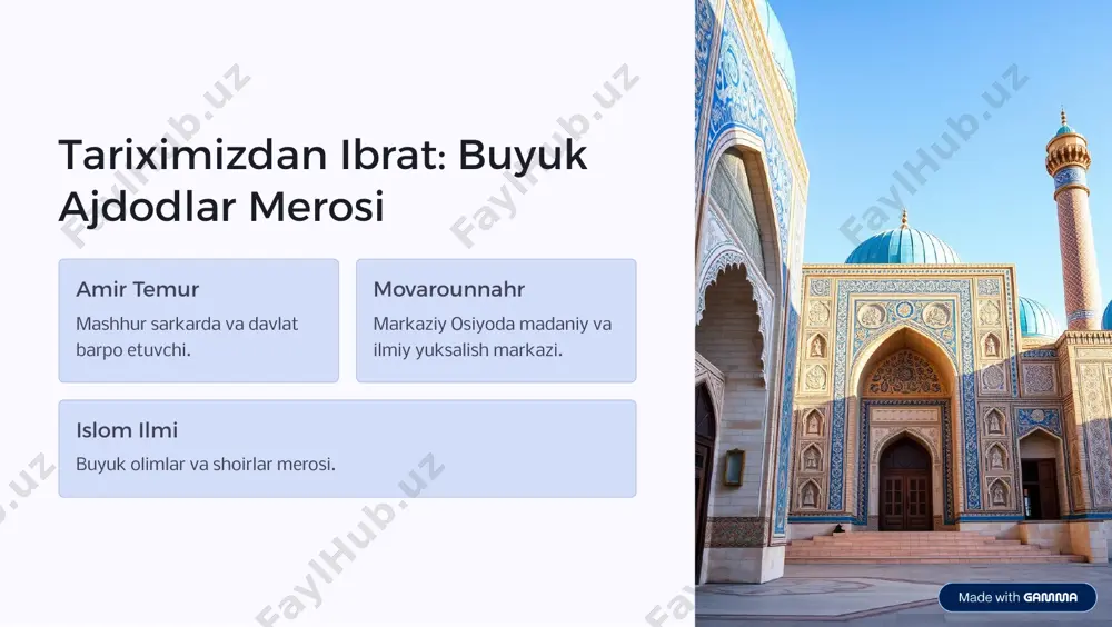 liy qadriyatlar va urf-odatlar asrash. san'at va musiqa milliy ijodkorlik va xotirjamlikni ta'minlash. tillarni saqlash o'zbek tilini va dialektlarni rivojlantirish. festival va tadbirlar madaniy merosni keng jamoatchilikka yetkazish. https://gamma.app/?utm_source=made-with-gamma kelajak rejalari: buyuk o'zbekistonni barpo etish 1 barqaror rivojlanish iqtisodiy, ekologik va ijtimoiy muvozanatni saqlab qolish. 2 texnologik innovatsiyalar yangi sanoat tarmoqlarini yaratish va rivojlantirish. 3 fuqarolar hamkorligi davlat va jamoatchilik hamkorligini kuchaytirish. 4 global maydonda faollik o'zbekistonni xalqaro miqyosda yanada tanitish. https://gamma.app/?utm_source=made-with-gamma
