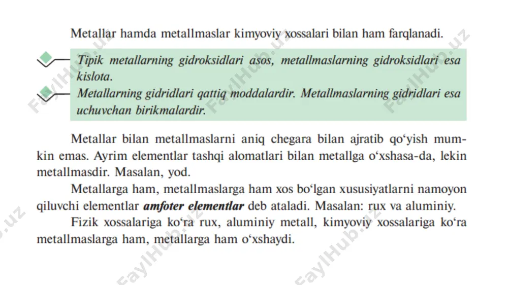 nashganda, ya’ni a-zarrachalar bilan “bombardimon” qilinganda yadrodan proton va neytronlar otilib chiqadi. proton neytron protonlar zaryadi +1, massasi 1 ga teng bo‘lgan zarracha bo‘lib, 1 1p bilan belgilanadi. protonlar zaryadi va massasi 1 ga teng bo‘lgan vodorod atomining yadrosidir. atom yadrosi atrofida manfiy zaryadlangan elektronlar harakat qiladi. atomning elektroneytral zarracha ekanligini bilamiz. demak, atomlarda protonlar soni elektronlar soniga teng deb ayta olamiz. aluminiyning tartib raqami 13, demak, uning atom yadrosida 13 ta proton bo‘ladi. atom musbat zaryadlangan protonlar va zaryadsiz zarracha — neytronlardan iborat yadrodan hamda protonlar soniga teng bo‘lgan sondagi yadro atrofida harakatlanuvchi elektronlardan tashkil topgan elektroneytral zarrachalardir davriy qonun va davriy jadval. atom tuzilishi i-1. elementlarni metall va metalmaslarga ajratish sharti: gap faqat oddiy modda haqida ketadi. elektr va issiqliqni yaxshi o’tkazadigan, plastik va yaltiroq modda ko’pincha vodorodli birikmalari uchuvchan kislorodli birikmalari asosli oksid kislorodli birikmalari kislatali oksid yod moddasi yaltiroq, elektr o’tkazuvchanligi ham bor, vodorodli birikmasi suvda …