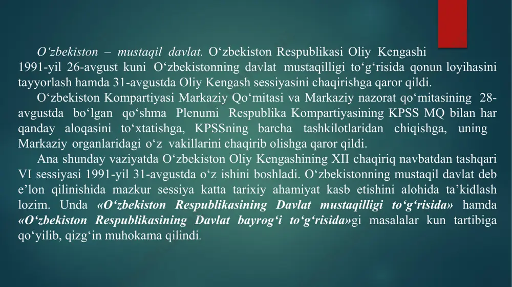 994), «mustaqillik» (1996), «amir temur» (1998) ordenlari va xalqaro hamkorlikni rivojlantirish, tinchlikni mustahkamlash, ma’naviyatni tiklash, sportni rivojlantirish sohasidagi xizmatlari uchun bir qator xalqaro tashkilotlar va nufuzli xorijiy davlatlarning orden va medallari bilan mukofotlangan. o‘zbekiston respublikasi oliy majlisning bir palatali parlament sifatida faoliyati (1994-2004-yillar). 1-chaqiriq oliy majlis koʻp partiyalilik asosda 3 turda — 1994-yil 25- dekabr, 1995-yil 8 va 22-yanvarda boʻlib oʻtgan saylovlarda saylangan va 1995-1999-yillarda faoliyat koʻrsatgan. 2-chaqiriq oliy majlisga saylovlar 1999 yil 5 va 19 dekabrda boʻlib oʻtgan va u 2000 - 2004 yillarda faoliyat koʻrsatgan. bir palatali parlament 250 deputatdan iborat boʻlib, u ishlagan davrda 10 ta kodeks, ikkita milliy dastur, 240 ta qonun, 468 ta qaror qabul qilingan, qonun hujjatlariga 1573 ta qoʻshimcha va oʻzgartirishlar kiritilgan. bu yillarda parlament, oʻz konstitutsiyaviy vakolatlariga asoslanib, demokratik jamiyatning huquqiy asoslarini shakllantirish, bozor iqtisodiyoti prinsiplarini rivojlantirish boʻyicha muayyan ishlarni amalga oshirdi. qonunchilik, davlat boshqaruvi, oʻtish davri muammolarini yechishda muayyan tajribaga ega …