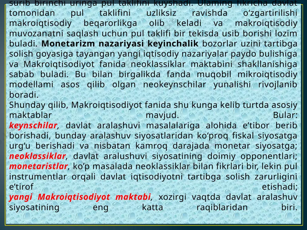 va natijada xarajatlar miqdorining kamayishi ishlab chiqarishning real xajmi, bandlik va real daromadlar miqdorining kamayishiga olib kelmaydi. pul bozori investitsiya va jamg‘armalar tengligini hamda to‘liq bandlik sharoitini ta’minlaydi. faqatgina, ishsizlikning tabiiy darajasida «ixtiyoriy» ishsizlik bo‘lishi mumkin, deb hisoblashadi. bu shuni bildiradiki, ad va as ning muvozanat nuqtasida ishlab chiqarish hajmi (y) uning potensial hajmiga (y*) teng. klassik iqtisodchilar jamg‘arish talabning yetishmasligiga olib kelmaydi, chunki har bir jamg‘arilgan so‘m tadbirkorlar tomonidan investitsiyalanadi, deb ta’kidlashadi. agarda, tadbirkorlar uy xo‘jaliklarining jamg‘armalari miqdorida investitsiya qilishsa, ishlab chikarish hamda bandlik darajalari doimiy bo‘lib qoladi. klassik iqtisodchilar ta’kidlashlaricha, kapitalizmning o‘ziga xos pul bozori mavjud va bu bozor jamg‘arma va investasiyalarning tengligini ta’minlaydi. shuning uchun ham to‘liq bandlik mavjud bo‘ladi. bilamizki, iqtisodiyotda to‘liq bandlik sharoitiga har doim ham erishib bo‘lmaydi. shuning uchun ham boshqa bir iqtisodchilar klassik nazariyaning asosiy jihatlarini tankid qila boshladilar. keyns nazariyasining eng qimmatli jihati shuki, u bozor iqtisodiyotida ish bilan to‘la bandlikni ta’minlaydigan …