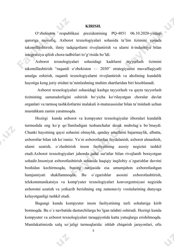 hqa barcha tasvirlar qandaydir yo’l bilan kompyuterda xosil qilinishi yoki unga kiritilishi kerak.grafik tasvirlarni kompyuterga kiritish uchun maxsus tashqi (atrof) qurilmalari ishlatiladi.eng ko’p tarkalgan qurilma — bu skanerdir.sunggi paytda raqamli fotokameralarning ham qo’llanish ko’lami kengayib bormoqda.ularning oddiy fotoapparatlardan farqi shundaki, tasvir kimyoviy yo’l bilan fotoplyonkaga tushirilmaydi, balki fotokamera xotirasining mikrosxemalariga yozib qo’yiladi.u erdan axborotni kabel orqali kompyuterga uzatish mumkin.ayrim raqamli fotoapparatlar ma'lumotlarni fayl sifatida egiluvchan diskka yozib qo’yish imkoniyatiga ham ega.diskdagi axborotni esa kompyuterga o’tkazish unchalik qiyin emasligini siz yaxshi bilasiz. kompyuterga tasvirni kiritish uchun uni albatta skanerlash, rasmga olish yoki uni ushlab olish shart emas.tasvirni kompyuterning o’zida xam xosil qilish mumkin.buning uchun grafik muxarrirlar deb ataluvchi maxsus das​turlar sinfi ishlab chiqilgan. axborotni grafik shaklda ishlab chiqish, taqdim etish, ularga ishlov berish, shuningdek, grafik ob'ektlar va fayl​larda bo`lgan nografik ob'ektlar o`rtasida bog’lanish urnatishni informatikada kompyuter grafikasi deb atash qabul qilingan. maxsus kompyuter dasturlari xuddi bir varak oq qog’ozga qalam yoki …