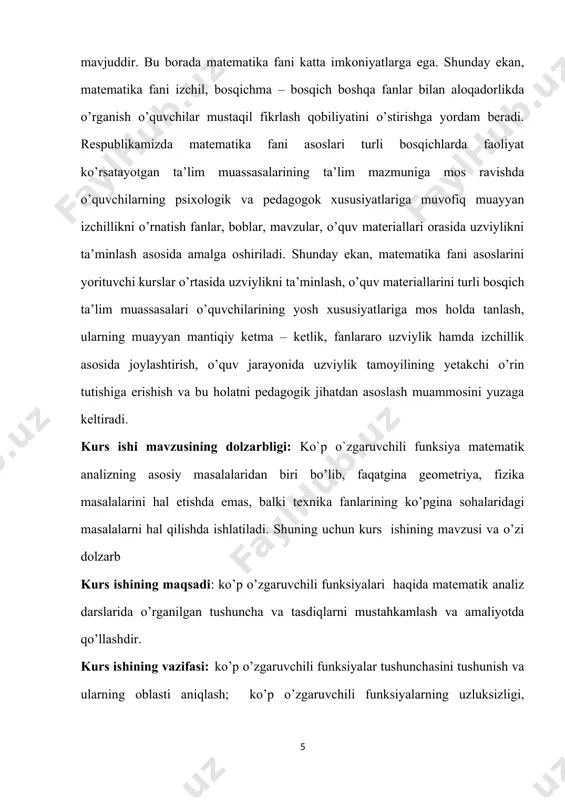 ydi. umuman olganda, ikki o‘zgaruvchiga bog‘liq bo‘lgan funksiyaning grafigi fazoda (biz yashab turgan fazoda) sirtni ifodalaydi. masalan, ushbu funksiyaning grafigi fazoda aylanma paraboloidni ifodalaydi. ko’p o’zgaruvchili funksiyaning aniqlanish sohasi to’plamga k va e to’plamlarning dekart ko’paytmasi deyiladi. tekislikda x c ) shartni qanoatlantiruvchi nuqtalar to’plami x = c to’g’ri chiziq bilan chegaralngan yuqori (pastgi) yarim tekslik bo’ladi. xuddi shunday tekislikda y d ) to’plamni tasvirlash mumkin. farzoda esa x c ) shartni qanoatlantiruvchi nuqtalar to’plami x = c tekislik bilan chegaralangan va bu tekislikni o’ng (chap) tomonida yotuvchi yarim fazo bo’ladi. tekislikda a n0 uchun tengsizlik bajarilsa, a nuqta {x(n)}ketma-ketlikning limiti deyiladi va yoki da kabi belgilanadi. agar {x(n)}ketma-ketlik limitga ega bo’lsa, u yaqinlashuvchi ketma-ketlik deyiladi. 1-misol rm fazoda ushbu ketma-ketlikning limiti a = (0, 0, . . . 0) ekanini ko’rsating. sonni olaylik. shu ga ko’ra ni topamiz. unda uchun bo’ladi. demak, ta’rifga ko’ra bo’ladi. teorema rm fazoda ketma-ketlikning …