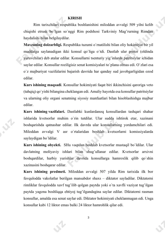 `xshash monarxiya rejimini tashkil etdilar, uning o`rniga miloddan avvalgi 509-yilda ilk respublika keldi. rim respublikasida oliy davlat organi xalq yig’ini hisoblangan. xalq yig’ini qonunlarni qabul qilish va bekor qilish, urush ehlon qilish va sulh tuzish, oliy mansabdor shaxslar magistratlarni saylar edi. shu bilan birga u oliy sud tashkiloti edi. rimda xalq yig’inlarini yoki komissiyalarni uch ko`rinishi mavjud edi. serviy tulliy islohotlarigacha kuriya komissiyalari mavjud edi. serviy tulliy qurolli xalq yig’ini - tsenturiy komissiyalarini kiritdi. tezda ular kuriya komissiyalarini siqib chiqardi. tsenturiy komissiyalari konsullar tomonidan rim shahridan tashqaridagi mars maydonida chaqirilar edi. barcha rim fuqarolari 193 tsenturiy, eng boy birinchi toifa 98, yarmidan ko`p tsenturiy qo`yar edi. ovoz berish tsenturiylar bo`yicha o`tkazilib, har biri bir ovozga ega edi.[footnoteref:1] ovoz berish qathiy qabul qilingan tartibda dastlab birinchi toifa tsenturiylari, keyin 2-, 3- va h. k. ovoz berilar edi. agar taklif qilinayotgan masala bo`yicha tsenturiylar ovozining 50% idan ko`proq ovoz berilsa, ovoz berish …