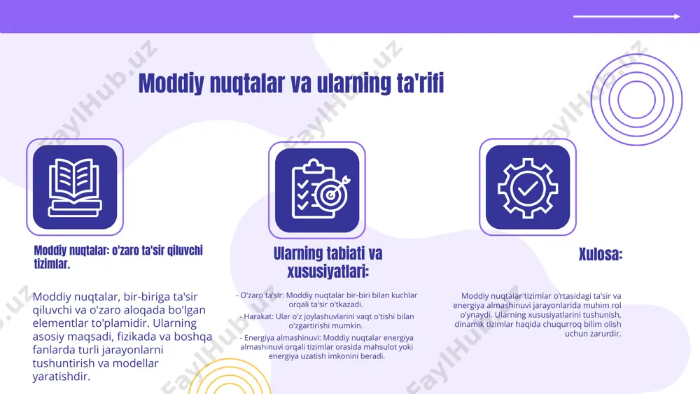 mning ishlashini va samaradorligini belgilaydi. tizimlar dinamik jarayonlarga qarab o'zgaradi va yangi holatlarni qabul qiladi, bu esa ularning rivojlanishiga va moslashuvchanligiga yordam beradi. dinamik jarayonlar va natijalar dinamik jarayonlar natijalari misollari moddiy nuqtalar tizimida dinamik jarayonlar ko'plab natijalarga olib keladi. masalan, molekulalar orasidagi to'qnashuvlar yangi birikmalar hosil qilishi mumkin. bunday jarayonlar tizimning haroratini va bosimini o'zgartirishi mumkin. ularning tizim barqarorligiga ta'siri dinamik jarayonlar tizim barqarorligiga sezilarli ta'sir ko'rsatadi. agar jarayonlar muvozanatda bo'lsa, tizim barqaror qoladi. biroq, jarayonlar notekis bo'lsa, bu tizimning barqarorligini xavf ostiga qo'yishi mumkin. natijalar asosida kelajakdagi prognozlar natijalar asosida kelajakdagi holatni prognoz qilish mumkin. agar dinamik jarayonlar bir yo'nalishda davom etsa, tizimning kelajakdagi holati haqida aniq taxminlar qilish mumkin. dinamik jarayonlarning tahlili dinamik jarayonlarni tahlil qilish usullari dinamik jarayonlarni tahlil qilishda statistik usullar, matematik modellashtirish va simulyatsiya usullari keng qo'llaniladi. statistik usullar jarayonlarning o'zgarishini va ta'sirini aniqlashga yordam beradi. matematik modellashtirish jarayonlarni tushunishga va ularning rivojlanishini prognoz …