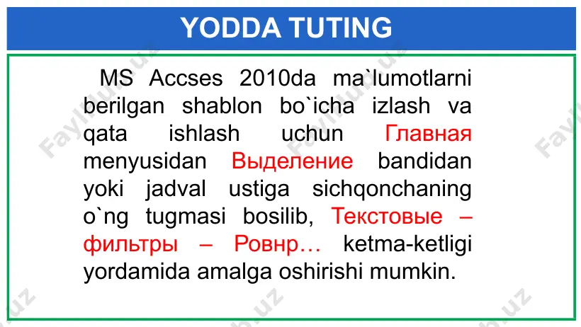 ms accsess 2010 dasturida ma`lumotlarni berilgan shablon bo`yicha izlash va qayta ishlash - Page 3
