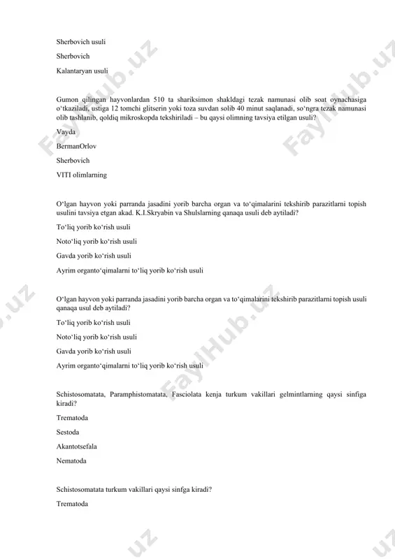 lishi bilan xarakterlanuvchi kasallik qaysi? fassiolyoz prostogonimoz euritramatoz paramfistomatoz mollar sernam, sersuv daryo ko‘l atrofida (lymnaea avlodiga mansub chuchuk suv mollyuskalarining rivojlanishi ko‘payishi uchun qulay sharsharoit bo‘lgan yaylovlarda) boqilganda qaysi kasallik sodir bo‘ladi? fassiolyoz prostoganimoz euritrematoz exinokokkoz qaysi trematodoz kasallikda kasallanish darajasi 20% bo‘lib, shundan 1820% o‘ladi, sigirlarning sut mahsuloti 2540% ga kamayadi, 15% bug‘oz sigirlarda bola tashlash kuzatiladi, qo‘yning jun mahsuloti 2030 % ga kamayadi, so‘yilgan hayvonning jigari yaroqsiz bo‘ladi? fassiolyoz prostogonimoz opistorxoz euritrematoz voyaga etgan turlari bargsimon shaklda bo‘lib, uzunligi 23 sm ayrim turlari lansetniksimon bo‘lib, uzunligi 47,5 sm, eni 0,51,2 sm bo‘lgan parazitlar trematodlarning qaysi turi xos? fassiolyoz orientobilgarsiyalar euritremalar paramfistomalar qaysi parazitlar o‘zlarining rivojlanish jarayonida difenetiv xo‘jayin sifatida qo‘yechki, qoramol va boshqa sut emizuvchilardan, orliq xo‘jayin sifatida esa lymnaea avlodiga masub chuchuk suv mollyuskalaridan foydalaniladi? fassiolyoz prostogonimuslar dikrotsella opistorxuslar trematodoz kasalliklari qo‘zg‘atuvchilari necha xo‘jayin ishtirokida rivojlanadi? ikki, uch, hatto to‘rt xo‘jayin ishtirokida uch xo‘jayin ishtirokida ikki …