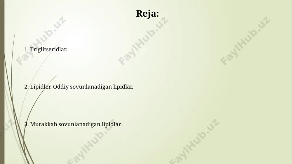 ogik ahamiyati triglitseridlar yog' to'qimalarida saqlanib, organizmni uzoq muddatli energiya bilan ta'minlaydi va vitaminlarning a, d, e, k kabi yog'da eriydigan vitaminlarni yutishga yordam beradi. triglitseridlar organizm uchun asosiy energiya manbai bo'lib, 1 gramm triglitserid 9 kkal energiya beradi, bu esa uglevodlarga qaraganda 2 baravar ko'pdir. lipidler: umumiy tasavvur lipidler suvda erimaydigan, organik erituvchilarda esa yaxshi eriydigan, asosan uglerod, vodorod va kislorod atomlaridan tashkil topgan biomolekulalardir, ularning molekulyar massalari 700 dan 1500 gacha o'zgarib turadi. ularning asosiy vazifalari energiya saqlash, hujayra membranalarini hosil qilish va ayrim gormonlarning sintezi hisoblanadi, odam organizmida 20-30% ni tashkil etadi. triglitseridlarning metabolizmi triglitseridlarning β-oksidlanishi mitoxondriyada sodir boʻlib, har bir yog’ kislotasi molekulasi bir necha siklda 2 ta atsetil-koa molekulalarini hosil qiladi, bu esa atp sinteziga olib keladi. jigarda triglitseridlarning sintezi va parchalanishi oʻrtasidagi muvozanat glyukagon va insulin kabi gormonlar tomonidan tartibga solinadi, bu esa qon plazmasidagi glyukoza darajasiga bogʻliq. murakkab lipidlerning biologik ahamiyati steroid gormonlari, …