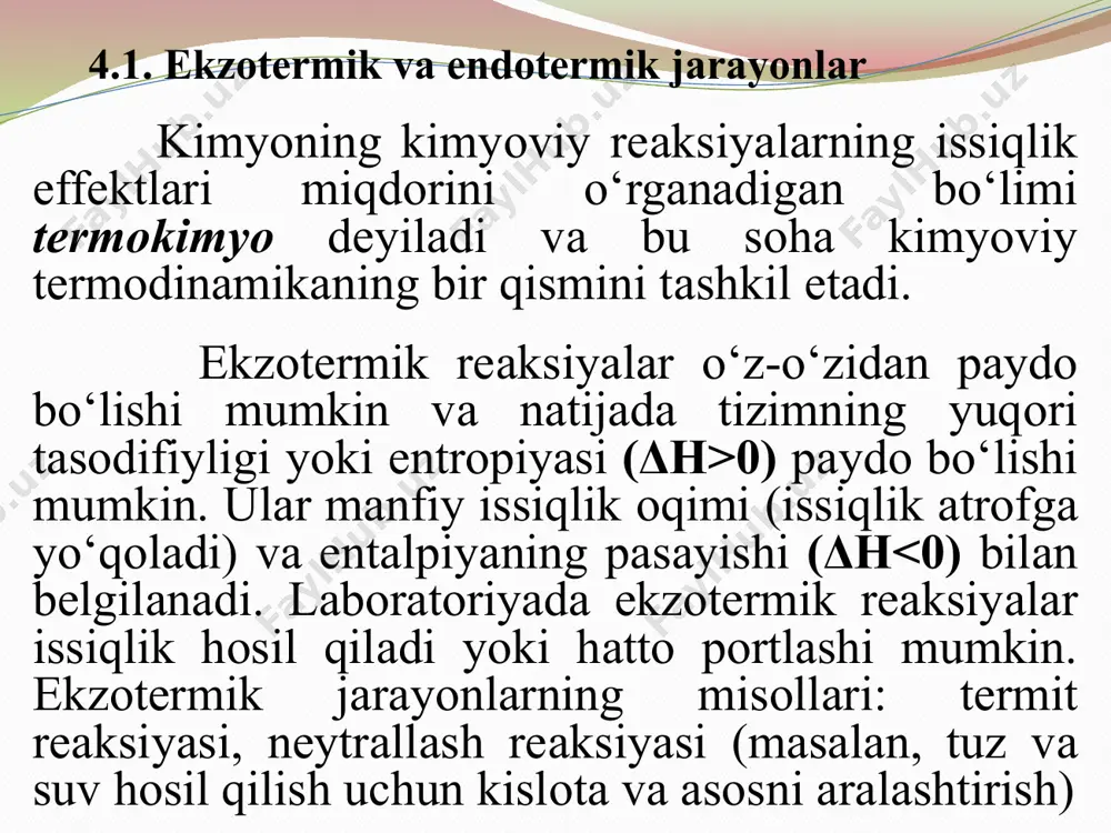 misol: al2o3(k)+ 3so3(g)= al2(so4)3(k) reaksiyaning issiqlik effektini hisoblang. δhh/b issiqligi al2o3(k) = - 1675,1 kj/mol δhh/b issiqligi so3 gaz = -396,1 kj/mol δhh/b issiqligi al2(so4)3 = - 3434,0 kj/mol δhreaksya =(δh h/b issiqligi al2(so4)3) -(δhh/b issiqligial2o3+ δdh h/bissiqligi so3) = - 3434 - [-1675,1 + 3(-396,1)] = - 570,6 kj/mol 2.kimyoviy reaksiyaning issiqlik effekti reaksiyaga kirishuvchi moddalar yonish issiqlik effektlari yig‘indisidan reaksiya mahsulotlari yonish issiqlik effektlari yig‘indisini ayirmasiga teng. yonish issiqligi deb 1 mol moddani oddiy oksidlargacha yonishida ajraladigan issiqlik miqdori tushuniladi. δhoreaksya=δhoyonish is.dastl.moddalar - δhoyonish is.mahsulotlar reaksiyaning issiqlik effekti ya’ni ajralib chiqayotgan yoki yutilayotgan issiqlik miqdori ko‘rsatilgan kimyoviy tenglamalar termokimyoviy tenglama deyiladi. bu tenglamalar massalar saqlanish qonuni va energiyaning saqlanish qonuni asosida tuziladi. masalan: n2 +o2 =2no -180,8kj yonish reaksiyasining issiqlik effekti. yonish issiqligi bir mol modda to‘la yonib, yuqori oksid hosil bo‘lishi ham standart sharoitda hisoblanadi va aniqlanadi. masalan, nh3 molekulasining yonish reaksiyasi tenglamasi quyidagicha yoziladi: 2nh3 + …