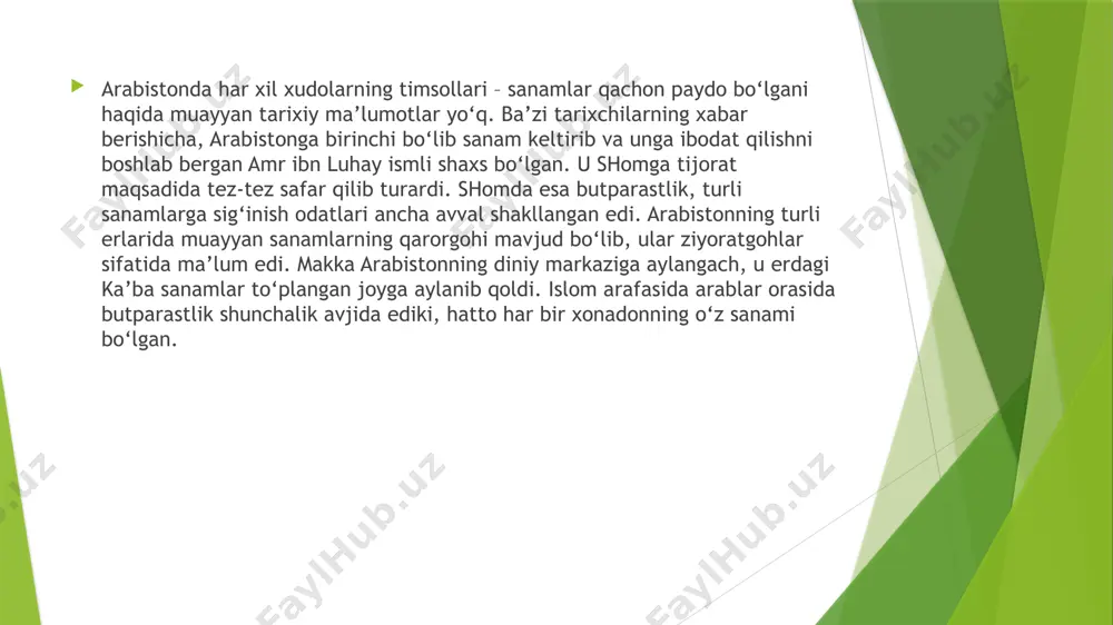 bo‘ladi. daryoning u tarafiga o‘tishdan saqlaninglar”. umar (r.a.) mazkur maktubida daryo ortidagi yurtlarga ishora qilib, maktubda (an-nahr – daryo) so‘zi va (dun an-nahr – daryoning oldi tarafi) iborasini ishlatadi. bu so‘z va ibora o‘sha vaqtda “movarounnahr”, ya’ni “daryoning orqa tarafi” atamasi mavjud bo‘lgan, degan asosli ehtimolga dalolat bo‘la oladi. bu o‘lkaning islom dini kirib kelishidan oldingi ijtimoiy holati haqida yoqut hamaviy shunday yozadi: “movarounnahrdan murod xurosondagi jayhun daryosining narigi tomonidir. shuningdek, o‘lkada temir konlari ham ko‘p. aholi temirdan qurol va boshqa asbob-askunalarni istagancha yasay oladilar. shu bilan birga, oltin, kumush va simob konlari ham mavjud bo‘lib, ular boshqa yurtlarda topilmaydigan darajada ko‘p zaxiraga ega. panjaharning kumush koni zaxirasini hisobga olmaganda, movarounnahrdagi simob, oltin, mis va boshqa konlar zaxirasiga hech qaysi yurtning konlari eta olmaydi. so‘g‘d, usrushana, farg‘ona va shosh mevalarining to‘kin-sochinligi hech bir yurtda topilmaydi. foydalanilgan adabiyotlar. o‘zbekiston respublikasining konstitutsiyasi.- t.: o‘zbekiston, 2017. “vijdon erkinligi va diniy tashkilotlar to‘g‘risida”gi o‘zbekiston …