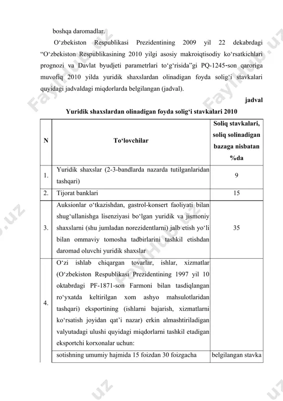 atilgan xizmatlar kо‘rsatish sohasi korxonalari uchun, plastik kartalar qо‘llanib haq tо‘langan holda kо‘rsatilgan xizmatlar hajmi bо‘yicha belgilangan stavka 10% ga pasaytiriladi adabiyotlar ro‘yxati i. o‘zbekiston respublikasi qonunlari 1. o‘zbekiston respublikasi konstitusiyasi. «o‘zbekiston» nashriyoti 1992 yil 2.o‘zbekiston respublikasining soliq kodeksi. adliya vazirligi «adolat» nashriyoti 2008 yil 3. o‘zbekiston respublikasi fuqarolik kodeksi. adliya vazirligi «adolat» nashriyoti 2008 yil 4.o‘zbekiston respublikasining «davlat soliq xizmati to‘g‘risida»gi qonuni. «o‘zbekiston» nashriyoti 1997 yil. 5. o‘zbekiston respublikasining «soliq maslahati to‘g‘risida»gi qonuni. «o‘zbekiston» nashriyoti 2006 yil. 6. o‘zbekiston respublikasi «tadbirkorlik va tadbirkorlar faoliyatini kafolatlari to‘g‘pisida»gi qonuni. «o‘zbekiston» nashriyoti 1999 yil. 7.o‘zbekiston respublikasining «budjet tizimi to‘g‘risida»gi qonuni. «o‘zbekiston» nashriyoti 2000 yil. 8.o‘zbekiston respublikasining «xo‘jalik yurituvchi subyektlar faoliyatini davlat nazorati to‘g‘risida»gi qonuni. «o‘zbekiston» nashriyoti 1998 yil.