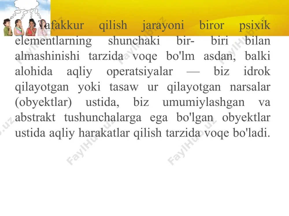harakati, holati, munosabati) shu obyekt yoki obyektlardan fikran ajratib olinadi. bu jarayonda obyektdan ajratilgan bir belgining o'zi tafakkurning mustaqil obyekti bo'lib qoladi. abstraksiya, odatda, analiz jarayonida yoki analiz natijasida sodir bo'ladi. buyumlami bir-biri bilan taqqoslash chog'ida ham abstraksiyalash jarayoni sodir bo'ladi. biron muayyan jihatlar hamisha bir-biri bilan taqqoslanadi, buyumlar yoki hodisalarning muayyan belgisrga (tusiga, shakliga, harakatlarining tezligiga va shu kabilarga) qarab, ular bir-biri bilan taqqoslanadi. lp. pavlov fikr qilish faoliyatida abstraksiyaning alohida ahamiyati borligini uqtirib, bunday degan edi: «umumiylashtirishga keng imkoniyat ochib bergan so'zning alohida xususiyati bo'lmish abstraksiya tufayli biz voqelikka bo'lgan munosabatimizni vaqt, makon, sababiyat kabi umumiy tushunchalar shakliga solganmiz» («павловские среды», iii torn, 320-bet). nutq til bo'lganidagina abstraksiya qilish mumkin. so'z bo'lmasa, hech bir tushunchani ifodalab bo'lmaydi. umumiylashtirish — tafakkurda aks etgan bir turkum nafsalarning o'xshash, muhim belgilarini shu narsalarto'g'risidagi bitta tushuncha qilib, fikrda birlashtirish demakdir. masalan, olmalarda, noklarda, o'riklarda, apelsinlarda va boshqa shu kabilarda bo'lgan o'xshash belgilar …