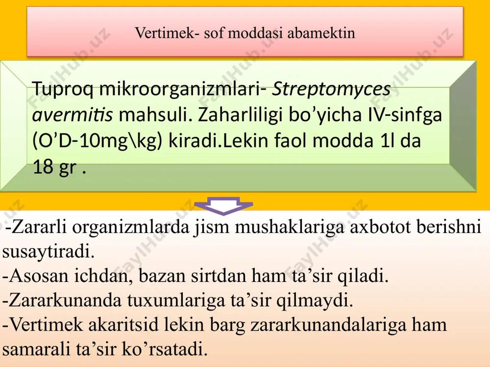 amburug’larning barcha rivojlanish bo’g’inlariga zaharli ta’sir qiladi.bular odam va issiq qonli hayvonlar uchun o’rtacha va yuqori zaharlidir. nitrafen.bu nitrofenollar guruhiga mansub. u to’q-qo’ng’ir tusli pastasimon massadir. suvda yaxshi eriydi. bu preparat insektoakaritsid va kuchli gerbitsid. odam uchun o’rtacha zaharli. nitrafen 60% li pasta holida chiqariladi,2-3% eritma holida 30-60kg/ga qo’llaniladi. qalqondorlar,shiralar,kanalar tuxumlariga yaxshi ta’sir qiladi.sohta un-shudring zamburug’i kasalliklariga qarshi qo’llaniladi. mineral moylar ham inson uchun zaharli, shuning uchun ularni qo’llanishda xavfsizlik qoidalariga to’la rioya qilinishi lozim.oziq-ovqat mahsulotlari tarkibida bu preparatning qoldig’i bo’lishi mumkin emas. квикфос 56% таблетка 1 м3 5,0 гр бўш омборга; 1м3 12г 2,5 метр хирмон тўкилган, полиэтилен билан ўралган озиқ овқат, уруғлик, ем учун ишлатилади. фостоксин 560 кг/г 1м3 га 3-10 гр гача фастфос 3-8 г / м3; магтоксин 560 гр/га пахта толаси, тамаки барглар 3-6гр/м3; фосфинмаг 66% табл 3-9гр/м3 regent 80% c.e.k va 20% sus.k (fipronil) fransiyaning ron pulenk firmasi mahsuloti. ushbu preparat ichdan va sirtdan ta’sir …