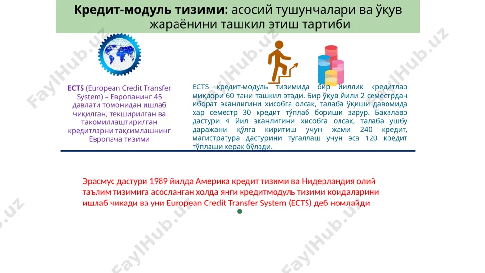 таш докторант, таянч докторант, мустақил изланувчиларнинг илмий тадқиқотлари кредит бу баҳо эмас! 1 кредит = 30 соат = 12 соат (аудитория юкламаси) + 18 соат (мустақил иш) 16 5 кредитлик фанни 3 баҳога ўзлаштирган талаба 5 кредитни қўлга киритади. 5 кредитлик фанни 3 баҳога ўзлаштирган бўлади. амалий машғулот - 40 соат мустақил иш - 80 соат 5 кредит маъруза – 30 соат амалдаги таълим тизимида кадр тайёрлаш (4 йил) кредит-модуль тизимида кадр тайёрлаш (2+2 йил) таянч фанлар (2 йил) 17 умумтаълим фанлари ихтисослик фанлари 3-курс 4-курс умумтаълим фанлари ихтисослик фанлари 1-курс умумтаълим фанлари ихтисослик фанлари 2-курс умумтаълим фанлари ихтисослик фанлари умумтаълим фанлари ихтисослик фанлари 3-курс 4-курс умумтаълим фанлари ихтисослик фанлари 1-курс таянч фанлар таянч танлов фанлари 2-курс таянч фанлар таянч танлов фанлари • малакавий талаблар, ўқув режаси ва фанлар каталоги илғор хорижий таълим тажрибаси асосида республика иқтисодиёти тармоқларида амалга оширилаётган ислоҳотлар, кадрлар истеъмолчилари талаблари ва миллий қадриятларни эътиборга олган ҳолда …