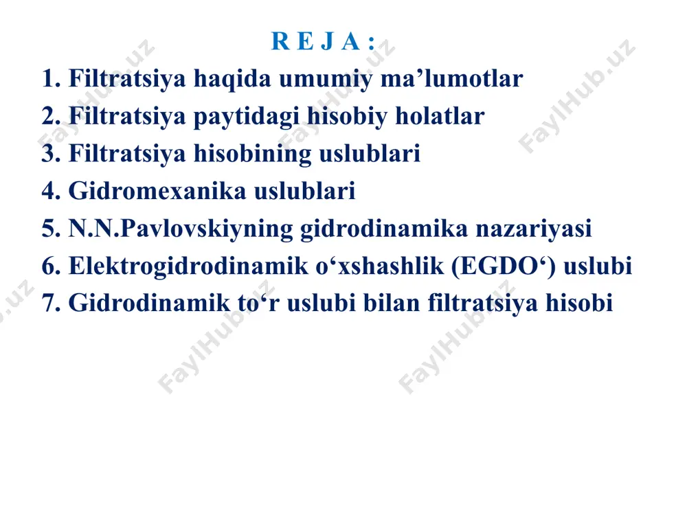 ular orasidagi farq o‘zgarmas bo‘lgan holat uchun bajariladi. buning uchun hisobiy sxemalar ta’sir etuvchi bosimning maksimal qiymati bo‘yicha qabul qilinadi. bunda suv sathi me’yor bo‘yicha ta’minlangan va filtratsiya barqaror bo‘lishi lozim. byeflardagi suv sathlari uchun har qaysi byefda bir vaqtning o‘zida ular egallagan holati qabul qilinadi. odatda, hisobiy suv sathlari uchun yuqori byefdagi normal, pastki byefdagi minimal suv sathlari qabul qilinadi. agar byeflardagi sathlar farqi boshqa bir birikuvda davomiylik bo‘yicha ko‘p bo‘lsa, bu birikuvni hisobiy deb qabul qilinadi. suv dimlovchi inshootlarda bosimni aniqlash sxemasi. filtratsiya oblastining ixtiyoriy nuqtasidagi filtratsiya oqimining bosimi deganda potensial energiya tushuniladi, u ikkita chiziqli-geodezik z va pezometrik qiymatlar yig‘indisi ko‘rinishida ifodalanadi bunda, hx– qabul qilingan taqqoslash tekisligiga nisbatan filtratsiya oblastining ko‘riladigan nuqtasidagi bosim; zx – taqqoslash tekisligidan ko‘riladigan nuqtagacha bo‘lgan masofa, bunda (+) belgisi nuqta taqqoslash tekisligidan yuqorida joylashgan bo‘lsa, (–) belgisi undan pastda bo‘lsa; – shu nuqtadagi pezometrik balandlik. filtratsiya hisoblarida asosiy yo‘l qo'yilishlarga quyidagilar …