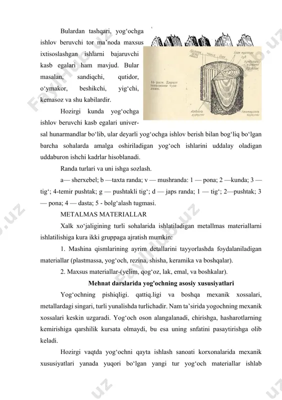 allardagi singari, turli yunalishda turlichadir. nam ta’sirida yogochning mexanik xossalari keskin uzgaradi. yog‘och oson alangalanadi, chirishga, hasharotlarning kemirishiga qarshilik kursata olmaydi, bu esa uning snfatini pasaytirishga olib keladi. hozirgi vaqtda yog‘ochni qayta ishlash sanoati korxonalarida mexanik xususiyatlari yanada yuqori bo‘lgan yangi tur yog‘och materiallar ishlab chiqarilmoqda va xalq xo‘jaligining turli sohalarida keng ishlatilmoqda. yog‘och ishlash korxonalarida chiqadigan chiqindilar — qipiq va payrahalarni presslash yuli bilan tayyorlanayotgan yog‘och materiallar tabiiy yog‘ochlarda uchraydigan har qanday nuqsonlardan, kamchiliklardan xoli, puxtalik jihatidan ustun bo‘lib, ayrim hollarda metall o‘rnini ham bosmokda (presslangan yog‘och materiallardan hatto podshipniklar va mashina detallari tayyorlanadi). sanoatda ishlab chiqarilayotgan ayrim presslangan yog‘och materiallar qurilishlarda, mebel ishlab chiqarish korxonalarida ham keng ishlatilmoqda. yog‘och materiallardan turli buyumlar ishlab chiqarish uchun eng avvalo, tegishli materialdan turli va tejamkorlik bilan foydalanish, tayyorlangan buyumning sifatiga e’tibor berish, ishlatiladigan yog‘och materialning turini, tuzilishini, xususiyatini, unga ishlov berish texnologiyasini bilish juda katta ahamiyatga ega. shuning uchun har qanday …