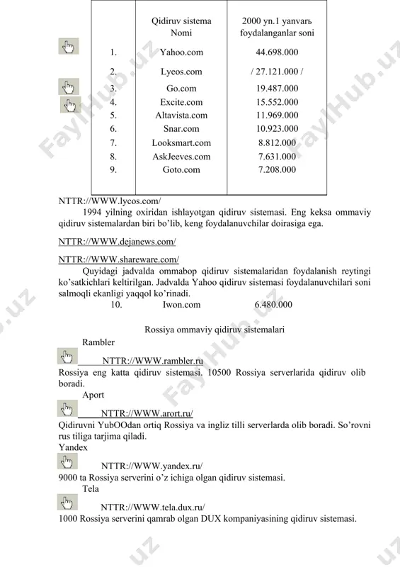 on tizimi ws_ftr dastursi bilan ishlashga imkon yaratadi, bu ftr serverlari bilan ishlashda ancha qulaylik tug’diradi. yana bir usul www microsoft internet exrlorer, netscare navigator kabi ilova navigatorlarini qo’llashga asoslanadi. boshqa kompyuterlar bilan o’zaro aloqa (telnet.) telnet boshqa kompyuter bilan aloqaga kirishishni ta’minlaydi, telnet orqali aloqani o’rnatib foydalanuvchi boshqa kompyuterda go’yoki "o’ziniki" bilan ishlayotgandek ishlashi mumkin, ya’ni nazariy jihatdan barcha resurslarga ega bo’ladi. bu faqatgina ma’lumolardan foydalanshi ochiq bo’lgan holdagina mumkin. amalda telnet kirishni ochib beradi, ammo o’zaro aloqani tashkil etish chet kompyuter orqali belgilanadi. internet xizmatlarining ikki turi turli serverlarga telnet orqali bog’lanishni talab etadi, bular: kutubxona kataloglari va elektron e’lonlar doskasi (bbs). telnet dastursi foydalanishga juda qulay. uning yordamida tarmoqqa ulangan biron ­ bir kompyuter bilan aloqa o’rnatish uchun uning internetdagi to’liq manzilini bilish kifoya. kerakli kompyuter bilan ulanishda komandada uning manzili ko’rsatiladi. ulanish jarayonida xostkompyuter foydalanuvchining nomini so’raydi. chet tizim bilan ishlash uchun foydalanuvchi unga kirish xuquqiga …