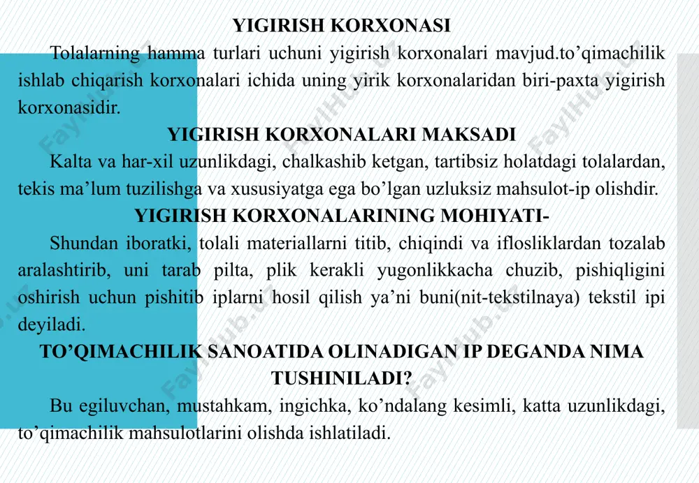 r majmuasiga yigirish sitemasi deb ataladi. paxta tolasidan chiziqiy zichligi t=5-1000 teks (n=1-200) iplar asosan uch xil: karda, qayta tarash va apparat sistemalarida yigiriladi. tolalarni yigirish asosan tarash va mahsulotni ingichkalashtirish bilan farqlanadi. karda yigirish sistemasi. bu sistemada asosan o’rta tolali paxtadan chiziqiy zichligi t=15,450 teks (nm= 2065) bo’lgan iplar olinadi. ulardan surp, satin, chit kabi bejirim gazlamalar va trikotaj buyumlari tayyorlanadi. ipning 60% dan ko’pi karda sistemasida yigi­riladi.keyingi yillarda karda yigirish sistemasida urchuqsiz yi­girish mashinalarini ishlatish ham keng tarqalgankli chiziqiy. karda sistemasida yigirish № texnologik jarayonlar nomi uskunalar, jixozlar nomi maxsulot nomi. 1. titish, aralash­tirish, tozalash va tarash titish, aralashtirish, tozalash va tarash agregati. pilta 2. cho’zish, qo’shish piltalash mashinasi pilta 3 cho’zish, qo’shish piltalash mashinasi pilta 4. piliklash piliklash mashinasi pilik 5. yigirish halqali yigirish mashinasi ip pnevmomexanik usulda ip olishda pilik o’rniga piltadan bevosita ip olinadi. qayta tarash yigirish sistemasi. bu sistema asosan uzun tolali paxtadan chiziqiy …