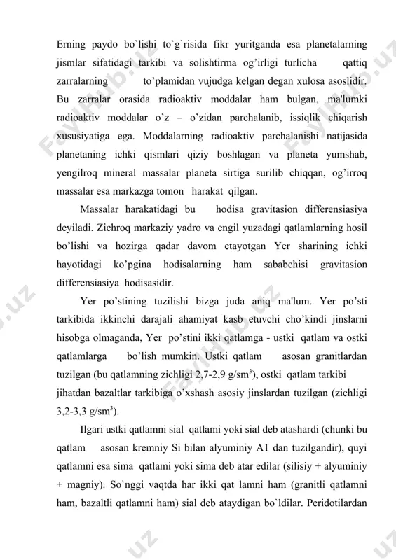 shi kartalari (vaqt- o’tishi bilan og’ish burchagi o`zgarib turganligidan bunday kartalar muttasil ravishda qaytadan tuziladi) navigatorlarning, geodezistlarning amaliy faoliyatida va dengizda yoki havoda yo`nalishni aniqlash talab qilingan hamma hollarda nihoyat-da zarur. magnit meridianlari magnit qutblari deb ataladigan ikki nuqtada birlashadi. 1952-yilda shimoliy magnit qutbi 70° shimoliy kenglik va 100° g’arbiy uzunlik (kanada arxipelagi)da, janubiy magnit qutbi 68° janubiy kenglik va 143° sharqiy uzunlik (antarktida, adeli yeri) da bo`lgan. magnit qutblari yerning ichida bo`lganligidan erkin osilgan strelka gorizontal holatdan bir oz burchak hosil qilib qayishadi, bu burchak magnit enkayishi deyiladi. magnit qutblarida bu burchak 90° ga teng, ya'ni u yerlarda magnit strelkasi vertikal turadi. yerning yuqorida aytilgan magnit maydoni doimiy yoki barqaror magnit maydoni deyiladi. magnit maydonining kuchlanishi yer yuzasining turli joylarida turlicha va u nihoyatda sekin ("asriy") o`zgarib turadi. lekin, yerda o`zgaruvchan magnit maydoni ham bo`lib, u tez-tez o`zgarib turadi. davriy o`zgaruvchan magnit maydoni (sutka, mavsum davomida va oradan ma'lum …