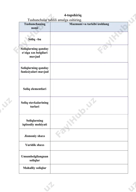 soliq turini ko‘rsating. a) bojxona boji b) daromad solig‘i s) qqs d) yer solig‘i №27. ishlab chiqarishda tannarxga kiritiladigan soliq qaysi? a) ijtimoiy soliq b) yer solig‘i s) mulk solg‘i d) foyda solig‘i №28. soliqqa tortish ob’ekti nima? a) daromadi, mol-mulki, faoliyati b) alohida daromadi s) joylashgan manzili d) stir ko’rsatgichi №29. soliq sub’ekti bu? a) daromadi, mol-mulki, faoliyati b) davlat hokimiyati organlari s) soliq nazorati xodimlari d) stir ko’rsatgichi №30. to‘g‘ri soliqlarga quydagilar kiradi: a) davlat boji, qqs b) foyda solig‘i s) qqs, bojxona boji d) aksiz solig‘i, qqs №31. mahalliy soliqlarga quydagilar kiradi: a) yer solig‘i, ijtimoiy soliq, qqs b) aksiz solig‘i, qqs, bojxona boji s) mol mulk hamda yer soliq d) foyda solig‘i, suv resurslaridan undiriladigan uchun soliq №32. 2017−2021 yillarda o‘zbekistonni rivojlantirish bo‘yicha harakatlar strategiyasining iqtisodiyotni rivojlantirish va liberallashtirish ustuvor vazifasida soliq tizimi bo‘yicha qanday vazifalar belgilangan? a) soliq tizimida soliq yukini kamaytirish, soddalshtirish, soliq tizimini …