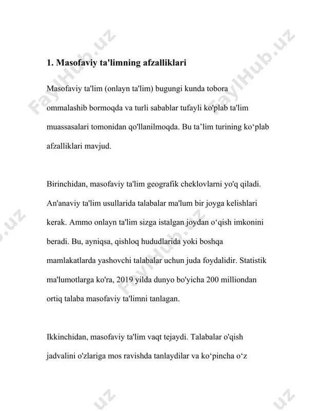 imkoniyatlari, va ekologik foyda. bu afzalliklar tufayli, masofaviy ta'lim sohasida innovatsiyalar davom etadi va kelajakda yanada ko'proq tarqalishi kutiladi. 2. masofaviy ta'lim texnologiyalarida foydalaniladigan platformalar masofaviy ta'lim texnologiyalarida foydalaniladigan platformalar masofaviy ta’lim texnologiyalari sohasida turli platformalar taqdim etiladi, ularning ko‘pchiligi o‘quv jarayonini tashkil etish, o‘quvchilar bilan interaktiv muloqot qilish va bilim baholash imkoniyatlarini kengaytirishga xizmat qiladi. quyida masofaviy ta'limda keng qo'llaniladigan ba'zi platformalar haqida ma'lumot keltiriladi. 1. **moodle**: moodle (modular object-oriented dynamic learning environment) platformasi ochiq kodli bo‘lib, uni ko‘plab oliy ta'lim muassasalari va maktablar foydalanadi. moodle juda moslashuvchan va turli xil plaginlar va modullar orqali kengaytirilishi mumkin. har kuni moodle orqali minglab kurslar olib boriladi. bugungi kunda moodle’ning foydalanuvchilari soni millionlardan oshadi. 2. **google classroom**: google classroom o‘quvchilarning ham o‘qituvchilar bilan, ham o‘zaro hamkorligini tashkil etadi. ushbu platforma google workspace ekotizimiga integratsiyalashgan bo‘lib, docs, sheets, slides kabi xizmatlar bilan birga ishlatiladi. 2020-yilga kelib, google classroom global miqyosda 100 milliondan …