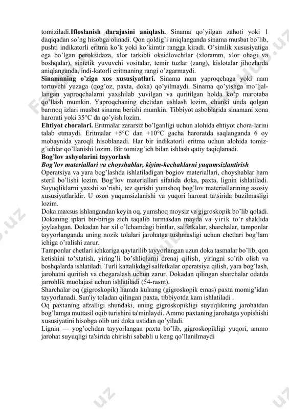 20°c da eriydi) hozirgi kunda kam ishlatiladi. shuningdek, mikulich sinovi ham sterilizatsiya nazoratining bir turi bo’lib, hozir qo’llanilmasada tarixiy ahamiyatga ega. etilen oksidi bilan sterilizatsiya qilinganda test indikator sifatida etilen bilan glitserin eritmasi va litiy bromid, bromkreazol purpuri bilan etanol eritmasi qo’llaniladi. sterilizatsiya sifatini har kuni tekshirishdan tashqari tanlash yo’li bilan har 6—10 kunda sterilizatsiya qilingan materiallar bakteriologik tahlildan ham o’tkazilishi zarur. bakteriologik nazorat o’ta aniq bo’lib, uning kamchiligi javobining uzoq vaqtdan so’ng ma'lum bo’lishi va bajarilishining qiyinlashishi zararsizlantirishdan oldingi tozalovda asboblardagi qon qoldig’ini iskandarov usuli bilan aniqlash yangi tekshirish usulining oldingi ao’anaviy usullardan (azopiram, amidopirin) farqi shundaki, u tibbiyot asboblarini oqsil moddasi bilan ifloslanganligini to’g’ri-dan-to’g’ri ko’rsatib, qon qoldiqlarini aniqlashda amidopirin va azopiram usullaridan birmuncha ustunlikka ega. yangi usul qon qoldig’idan tashqari, «b» virusli gepatit va oits kasalligining tarqalishiga xavf soluvchi plazma hamda zardobni aniqlashda ham muhim epidemiologik ahamiyatga ega. bu usuldan tibbiyot asboblarini sifatsiz tozalash natijasida qolgan yashirin qon …