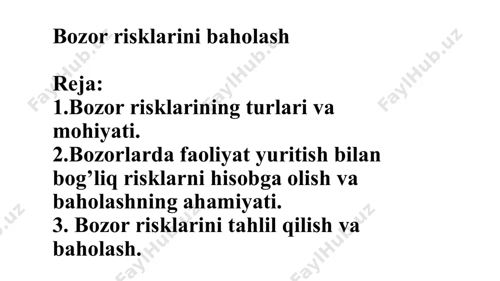oshiriladi: muammolarning qo’yilishi; kerakli ma’lumotlarni yig’ish va tahlil qilish; baholash usullarini tanlash va ularni qo’llash; bozor bahosiga ta’sir etuvchi omillarni tahlil qilish; bozor riski haqida belgilangan shaklda hisobot tuzish. bugungi kun amaliyotida bozor risklarini tahlil qilishda bir qancha usullardan foydalaniladi. jumladan: ekspert baholash usuli; zararsizlik nuqtasi tahlili; qarorlar daraxtini barpo etilishi usuli; - monte-karlo usuli. (mustaqil topshiriq) ekspert baholash usuli. bu usul riskni tahlil qiluvchi iqtisodchi (ekspert)ning malaka darajasiga asoslanadi. bank riski aniqlanganida bankning o’zidagi va bo’lish ehtimoli bo’lgan yo’qotishlar va ularning davr oralig’ini aniqlab olishlari lozim. bu oraliqni aniqlash ham risk darajasini kamaytirishga yordam beradi. zararsizlik nuqtasi (sezgirlik) tahlili. zararsizlik miqdori – firma foyda olishni boshlashidan oldin sotishi lozim bo’lgan mahsulot miqdori. ishlab chiqarish jarayonidagi ayrim o’ziga xos o’zgarmas xarajat namunalari quyidagilar: boshqaruv xodimlari ish haqi; amortizatsiya; sug’urta; vaqtli reklama dasturlariga sarflanadigan ulgurji xarajatlar; mol-mulk soliqlari; ijara; o’zgaruvchan xarajatlarning ba’zi ko’rinishlari quyidagilar: ish haqi; xom-ashyo va materiallar; ishlab chiqarish …
