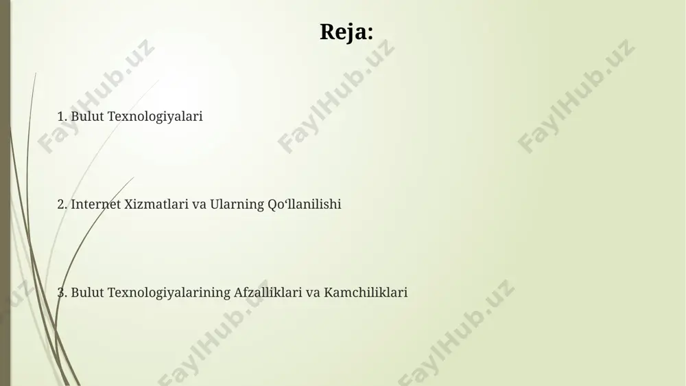ternet xizmatlari ta'rifi internet xizmatlari global tarmoq orqali ma’lumot almashish, resurslardan foydalanish va onlayn xizmatlarga kirishni ta’minlaydigan 30 dan ortiq turli xil texnologiyalar va protokollar majmuasidir. internet xizmatlarining asosiy tarkibiy qismlariga dns serverlari, ip manzillar, http protokoli va bulutli texnologiyalar kabi 5 ta asosiy element kiradi. ushbu xizmatlar elektron pochta, veb-saytlarga kirish, fayl almashish, onlayn o’yinlar va ijtimoiy tarmoqlar kabi 1000 dan ortiq kundalik ishlarda ishlatiladigan funksiyalarni o’z ichiga oladi. bulut xizmatlarining kamchiliklari bulut xizmatlaridan foydalanishning yuqori narxlari, ayniqsa, katta hajmdagi ma'lumotlarni saqlash va yuqori hisoblash quvvatini talab qiluvchi operatsiyalar uchun, byudjetni 30% gacha oshirishi mumkin. bulutli infratuzilmalarga bog'liqlik, internet ulanishining uzilishi yoki texnik nosozliklar tufayli, xizmatlarning 99,9% dan kam vaqt ichida ishlashini ta'minlash qiyinlashtiradi. ma'lumotlarning xavfsizligi va maxfiyligi masalasi, ayniqsa 1000 dan ortiq foydalanuvchi bo'lgan tizimlarda, jiddiy xavf tug'diradi va qo'shimcha xavfsizlik choralarini talab qiladi. bulut xizmatlari modellar saas modeli, masalan, google docs yoki dropbox kabi 99% hollarda foydalanuvchilar …