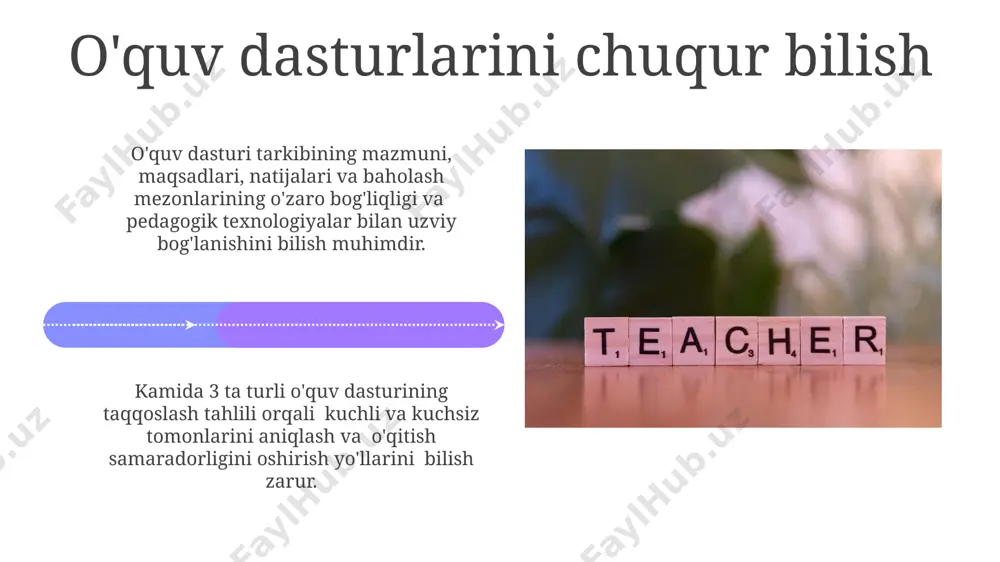 metodikasi yordamida o‘qituvchilarning o‘zaro fikr-mulohazalarini olish va kamida 4 ta asosiy kompetensiyani baholash kerak. bu ob’ektiv baholashga yordam beradi. jamoa bilan samarali ishlash uchun 5 dan ortiq ishtirokchilar guruhlarini 3-4 kichik guruhlarga bo‘lish va har bir guruhga aniq vazifalar yuklash samarali bo‘ladi. bu, individual ishtirokchilarning mas’uliyatini oshiradi. axborot kommunikatsiya texnologiyalarini qo'llash axborot kommunikatsiya texnologiyalari (akt) o'qituvchilarning 50% dan ortiq vaqtini tejashga yordam beradi, shu bilan birga o'quv jarayonining samaradorligini 20-30% ga oshiradi. o'qituvchilarning akt kompetensiyasi e-learning platformalaridan samarali foydalanishni, shu jumladan, masalan, virtual sinflarni tashkil etishni va 100 dan ortiq turdagi onlayn resurslardan foydalanishni o'z ichiga oladi. kasbiy axloq va etika kasbiy axloq va etika o'qituvchining 5 ta asosiy professional qobiliyatidan biri bo'lib, uning shaxsiy va kasbiy rivojlanishiga 30% ta'sir ko'rsatadi. o'qituvchilarning 80% dan ortig'i kasbiy axloq kodeksi qoidalarini bilishi va ularga amal qilishi kerak, bu esa o'quv jarayonining samaradorligini oshiradi. e'tiboringiz uchun rahmat @taqdimot_robot image4.jpg image5.jpg image6.jpg image7.jpg image8.jpg …