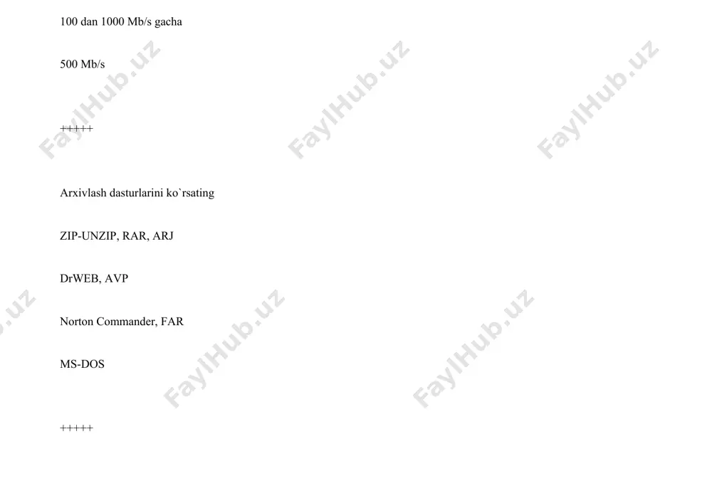 a fayllarni uzatish (ftp) clujba imen domen (dns) telnet xizmati irc xizmati, ma’lumotlarni ishlash xizmati w w w elektron saxifa xizmati, elektron pochta xizmati,telekonfe-rensiya fayllarni uzatish (ftp) clujba imen domen (dns) telnet xizmati, irc xizmati, malumot-larni ishlash xizmati +++++ internetda gopher xizmati kanday vazifalarni bajaradi matnli tovushli programmali va xokazo = matnli, tovushli, programmali va xokazo +++++ lokal kompyutеrlar va ishchi stantsiyalarda ishlashga mo’ljallangan opеratsion tizimni toping? windows nt workstation windows nt server vinus 6.0 lunix +++++ quyida keltirilganlardan qaysi biri dastur emas. uskunaviy tizimlar tizimli dasturlar o`yin dasturlari amaliy dasturlar +++++ tizimning asosiy dasturlari qanday ataladi operatsion tizim qobiq dasturlar drayverlar utilitlar +++++ to’liq bo’lmagan shart operatorining umumiy ko’rinishi qanday? if(shart) do; while ( ) while (shart) do +++++ switch qanday operator? sikl o’qish yozish tarmoqlanuvchi +++++ do-while takrorlash operatorining sintaksisini ko’rsating. if do ; while ( ) while do +++++ takrorlashni uzish kerak bo’lganda qaysi operatordan foydalaniladi? append …