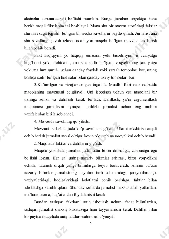 hi bo’lib qolishi mumkin. faktlar bilan ishlashda ularning to’g’ri yoki noto’g’ri ekanligini aniqlashda muallifning o’z pozisiyasi, tutgan yo’li bo’lishi kerak. fikrning asta-sekin rivojlana borishi, uning fakt va dalillar hisobiga to’liqlashgani sari maqolaning muallifi o’quvchini xulosa qilishga undaydi. xulosa- muallif fikrining izchil rivojlanishi orqali paydo bo’ladigan mantiqiy nutqdir. u o’quvchiga hayotdagi ma’lum bir voqyelik haqida tasavvur beradi. maqolada ko’tarilgan savolning yechimini ko’rsatish orqali. shulardan kelib chiqib maqolaga ta’rif beramiz. maqola-publisistikaning eng asosiy janrlardan biri bo’lib, aniq faktga va isbotga asoslangan jamiyatdagi ma’lum voqyea, hodisalariga nisbatan jiddiy fikrlarning rivojlantirish tufayli muallifning erishgan aniq natijalariga asoslangan xulosalaridir. mazmun mohiyatiga ko’ra maqolalar bir necha turga bo’linadi. maqola – adabiy yoki ilmiy mazmunda bo‘lib, hajm jihatidan ancha katta bo‘ladi. maqola hayotning muhim va dolzarb masalalariga bag‘ishlanishi yoki ilm-fanning biror sohasini yoritishi mumkin. shunga ko‘ra maqolalar ilmiy, uslubiy, publitsistik va ilmiy-ommabop kabi turlarga bo‘linadi. maqolalar uch tarkibiy qismdan iborat bo‘ladi: 1. kirish – bunda tanlangan mavzuning …