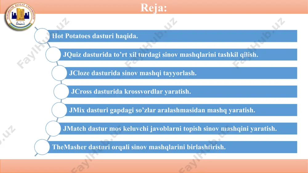 blar, qisqa javobli ochiq variantlar va h.k); bo’shliqlarni to’ldirish; mosini topish; krossword; ketma-ketlik (mantiqiy ketma-ketlik)ni tiklash. 1. hot potatoes dasturi haqida tayyorlangan mashqlarni saqlash bichimi rdf xalqaro standartlar asosida tayyorlangan. scorm formatiga konvertatsiya qilish imkoniyati ham mavjud. tayyorlangan mashqlarni ommalashgan masofadan o’qitish tizimlari hisoblanadigan web ct yoki moodle dasturlari bazasiga ham eksport qilish mumkin. hot potatoes dasturi bepul taqdim qilinadi. hot potatoes dasturi boshqa dasturlardan farqli tomoni barcha operatsion tizimlarga o’rnatish imkoniyati mavjud. hot potatoes dasturi tarmoqda sinov mashqlarini tashkil qilish imkonini beradi. unda yaratilgan mashqlarni ixtiyoriy brauzer (internet explorer, mozilla, opera, chrome, finiks, safari, google,…)bilan ta’minlangan kompyuterda qo’llash mumkin. mashqlar html va javascript da yaratiladi lekin siz bu tillar haqida hech qanday tushunchaga ega bo’lmasdan ham dasturni qo’llashinigiz mumkin. 1. hot potatoes dasturi haqida dasturda dasturlash tillaridan xabari bo’lmagan foydalanuvchi ham bemalol unda har xil turdagi interaktiv mashqlarni yarata olishi mumkin. siz bajarishingiz kerak bo’lgan harakat sinov mashqidagi ma’lumot(savol, …